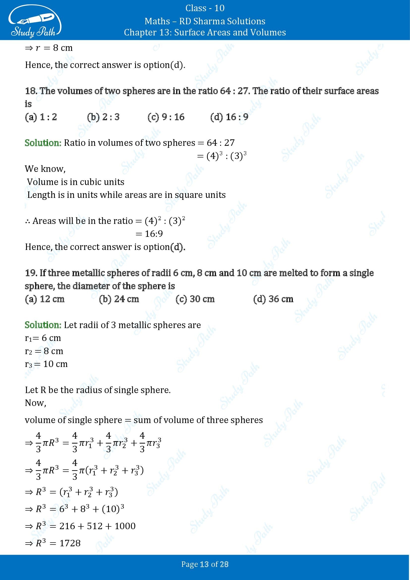 RD Sharma Solutions Class 10 Chapter 13 Surface Areas and Volumes Multiple Choice Questions MCQs 00013