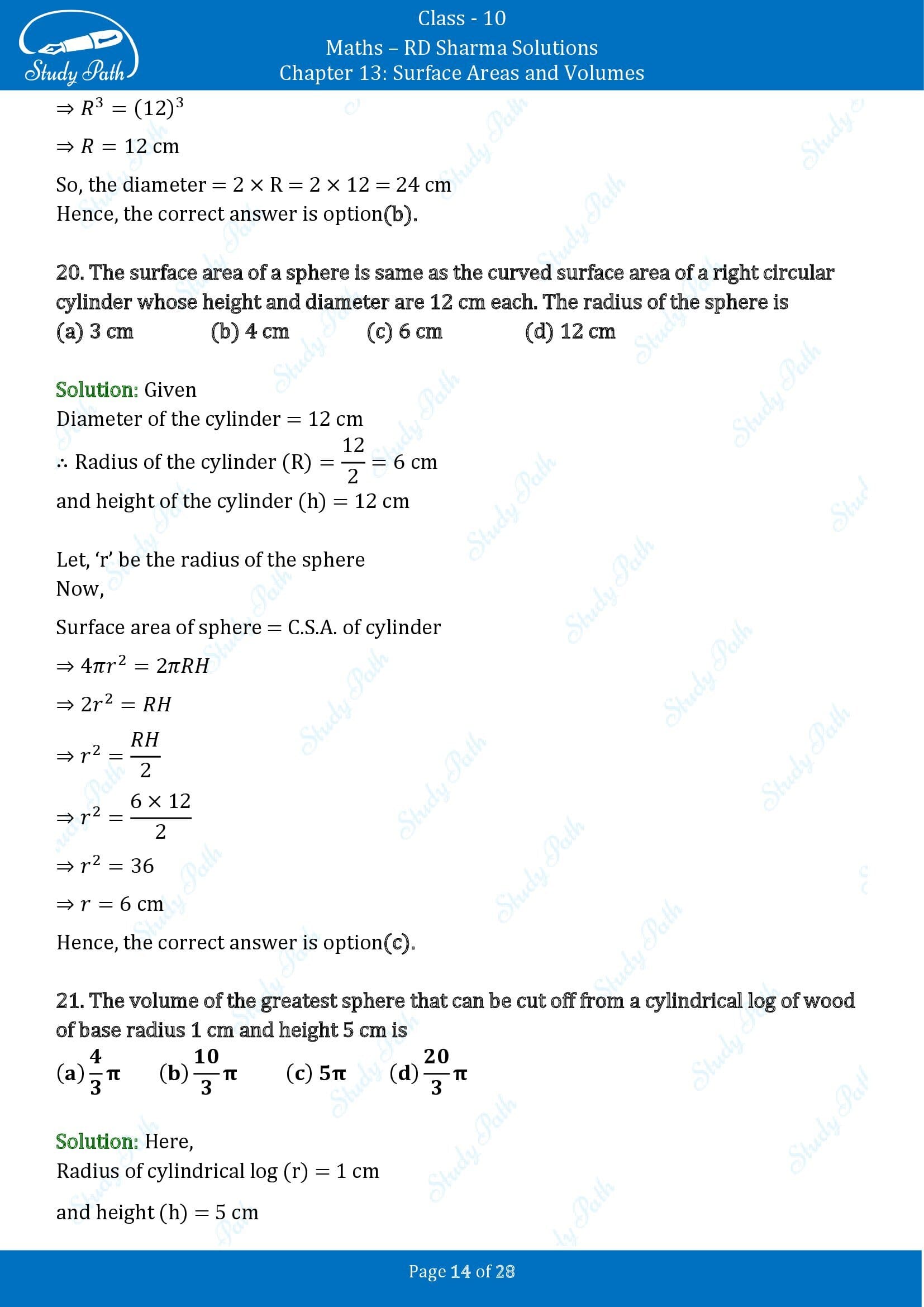 RD Sharma Solutions Class 10 Chapter 13 Surface Areas and Volumes Multiple Choice Questions MCQs 00014