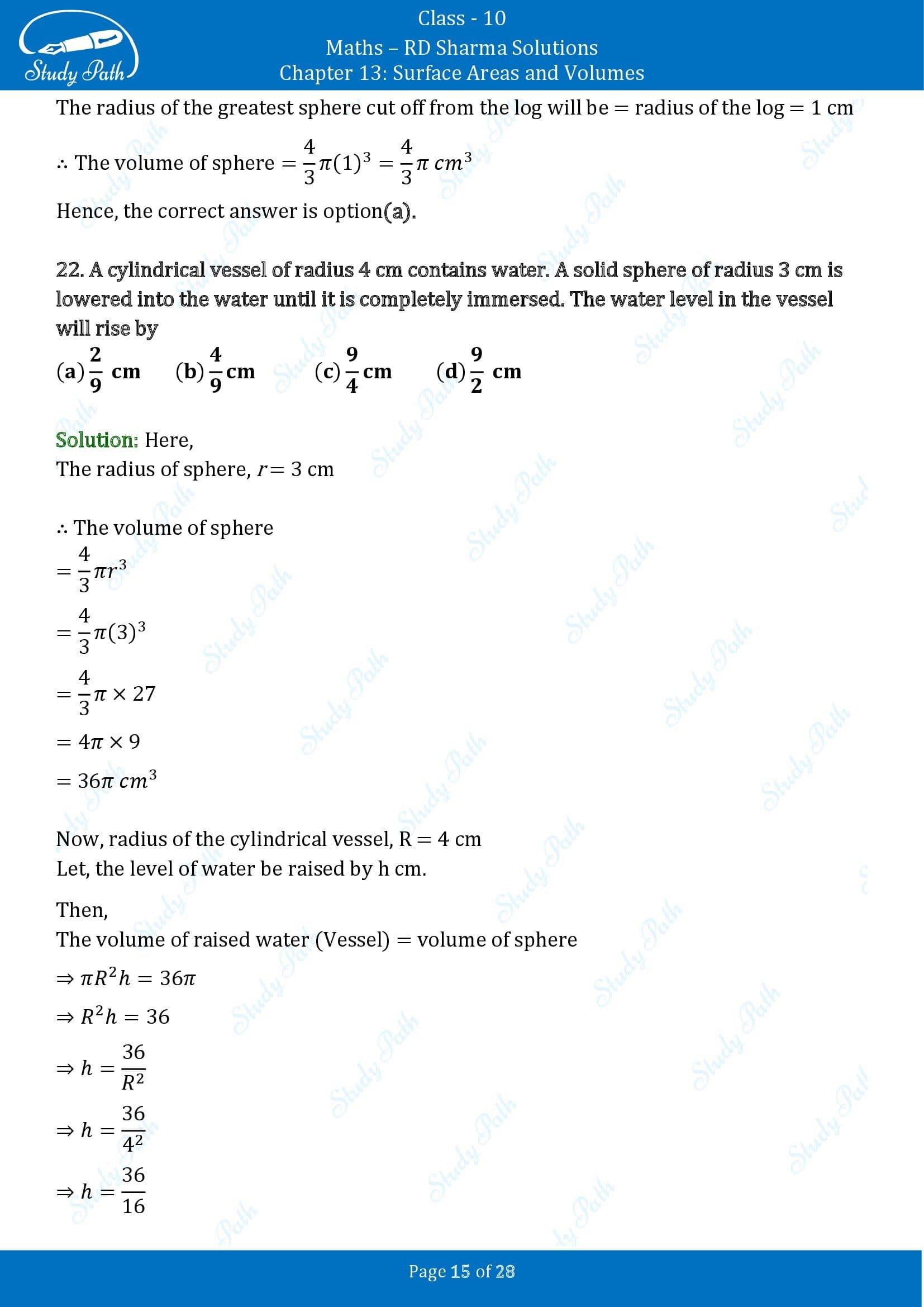 RD Sharma Solutions Class 10 Chapter 13 Surface Areas and Volumes Multiple Choice Questions MCQs 00015