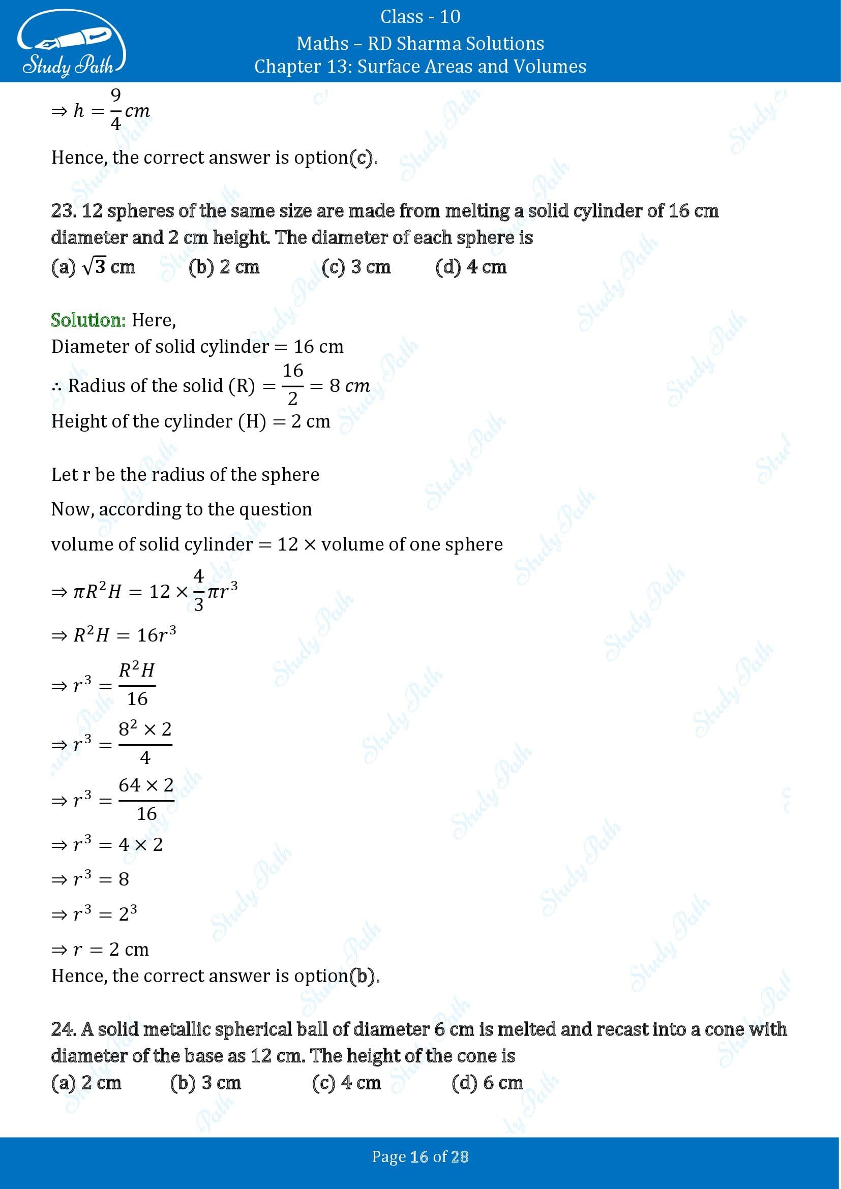 RD Sharma Solutions Class 10 Chapter 13 Surface Areas and Volumes Multiple Choice Questions MCQs 00016