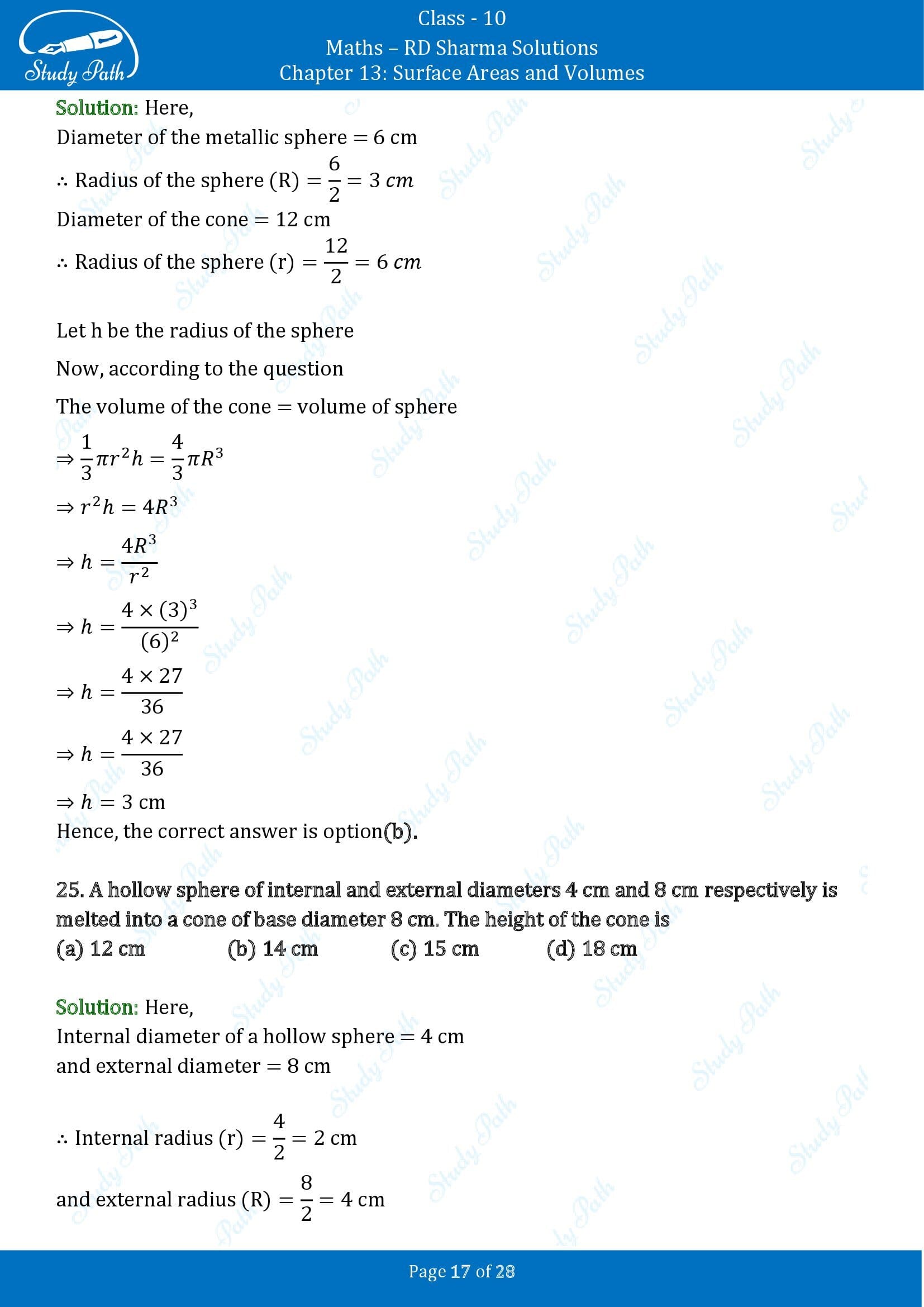 RD Sharma Solutions Class 10 Chapter 13 Surface Areas and Volumes Multiple Choice Questions MCQs 00017