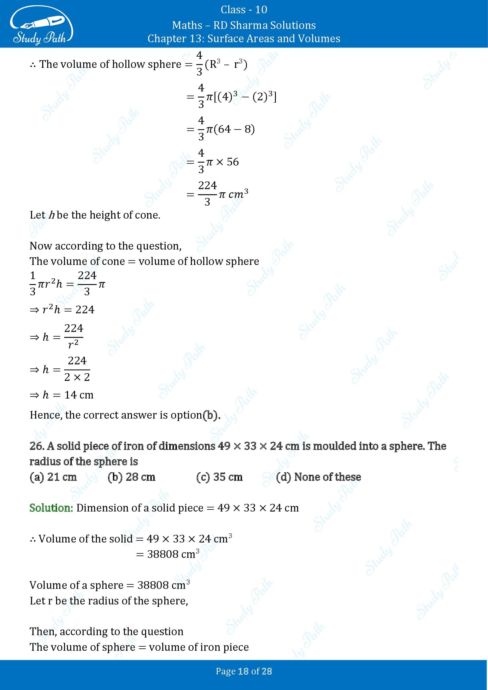 RD Sharma Solutions Class 10 Chapter 13 Surface Areas and Volumes Multiple Choice Questions MCQs 00018