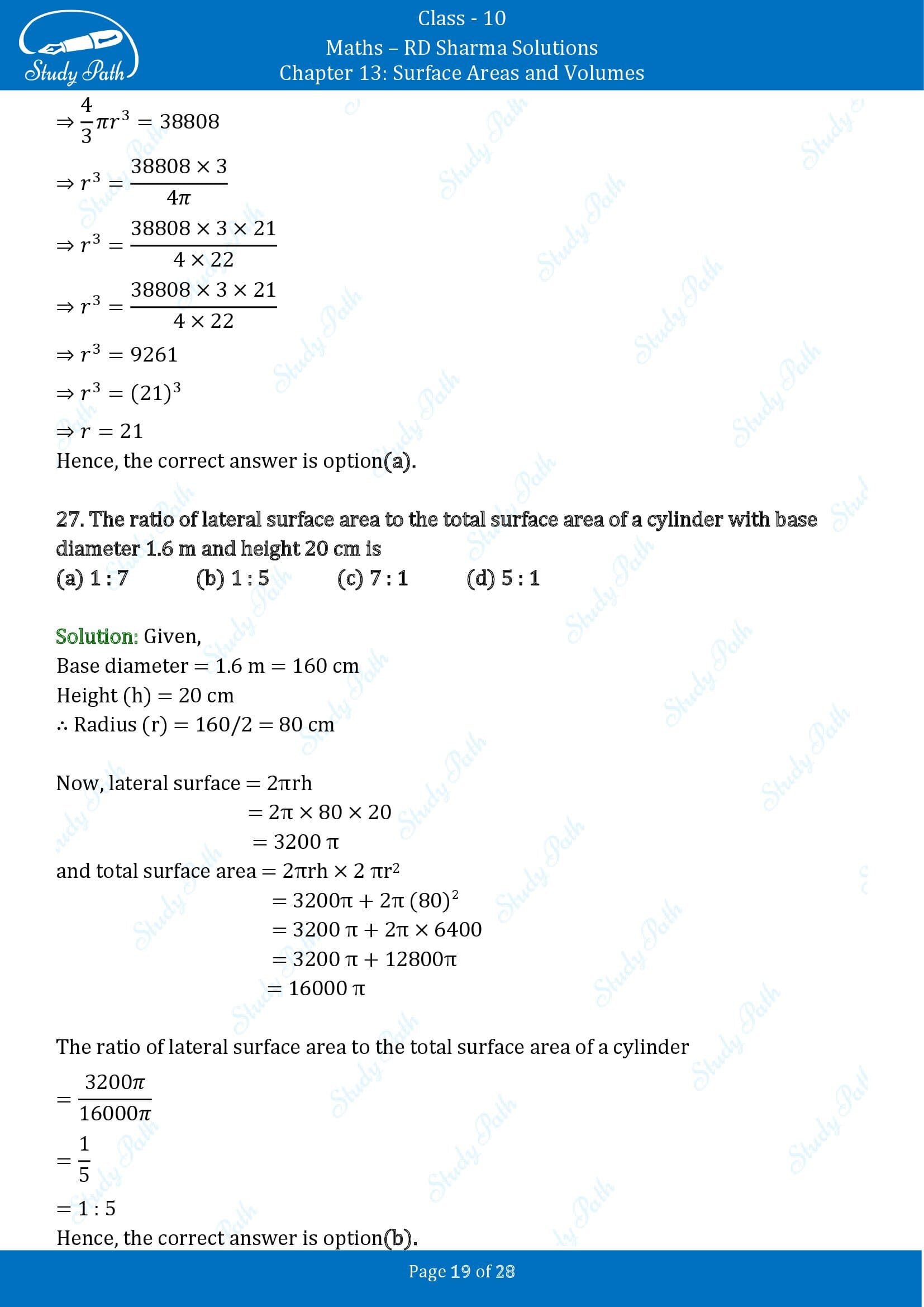 RD Sharma Solutions Class 10 Chapter 13 Surface Areas and Volumes Multiple Choice Questions MCQs 00019