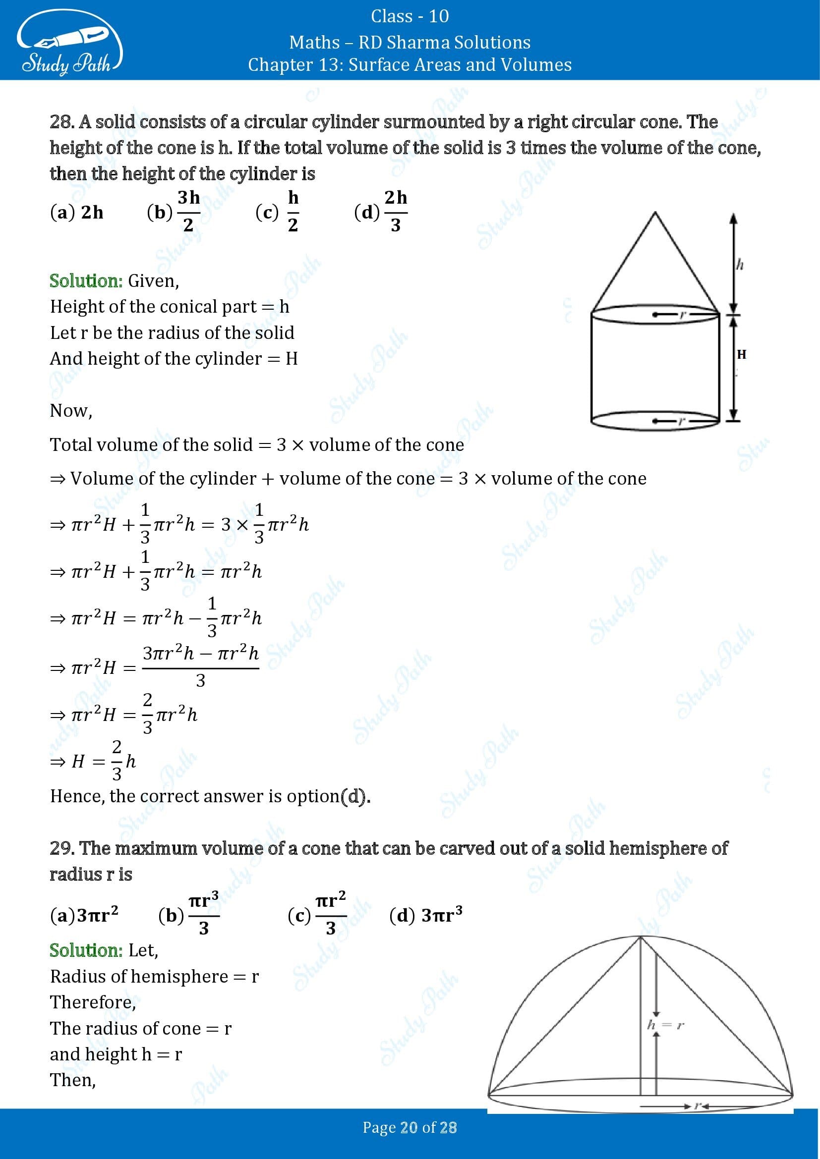 RD Sharma Solutions Class 10 Chapter 13 Surface Areas and Volumes Multiple Choice Questions MCQs 00020