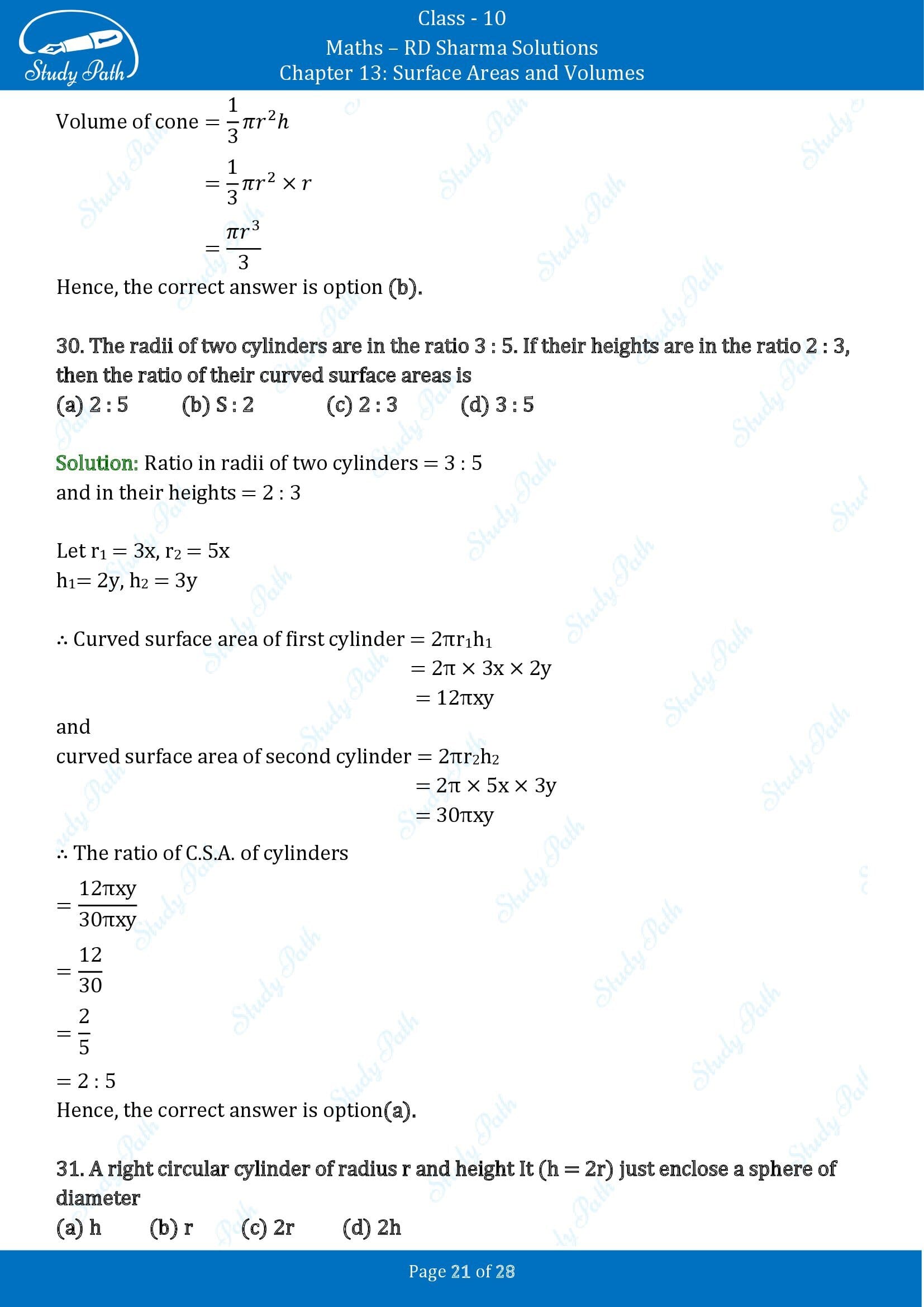 RD Sharma Solutions Class 10 Chapter 13 Surface Areas and Volumes Multiple Choice Questions MCQs 00021