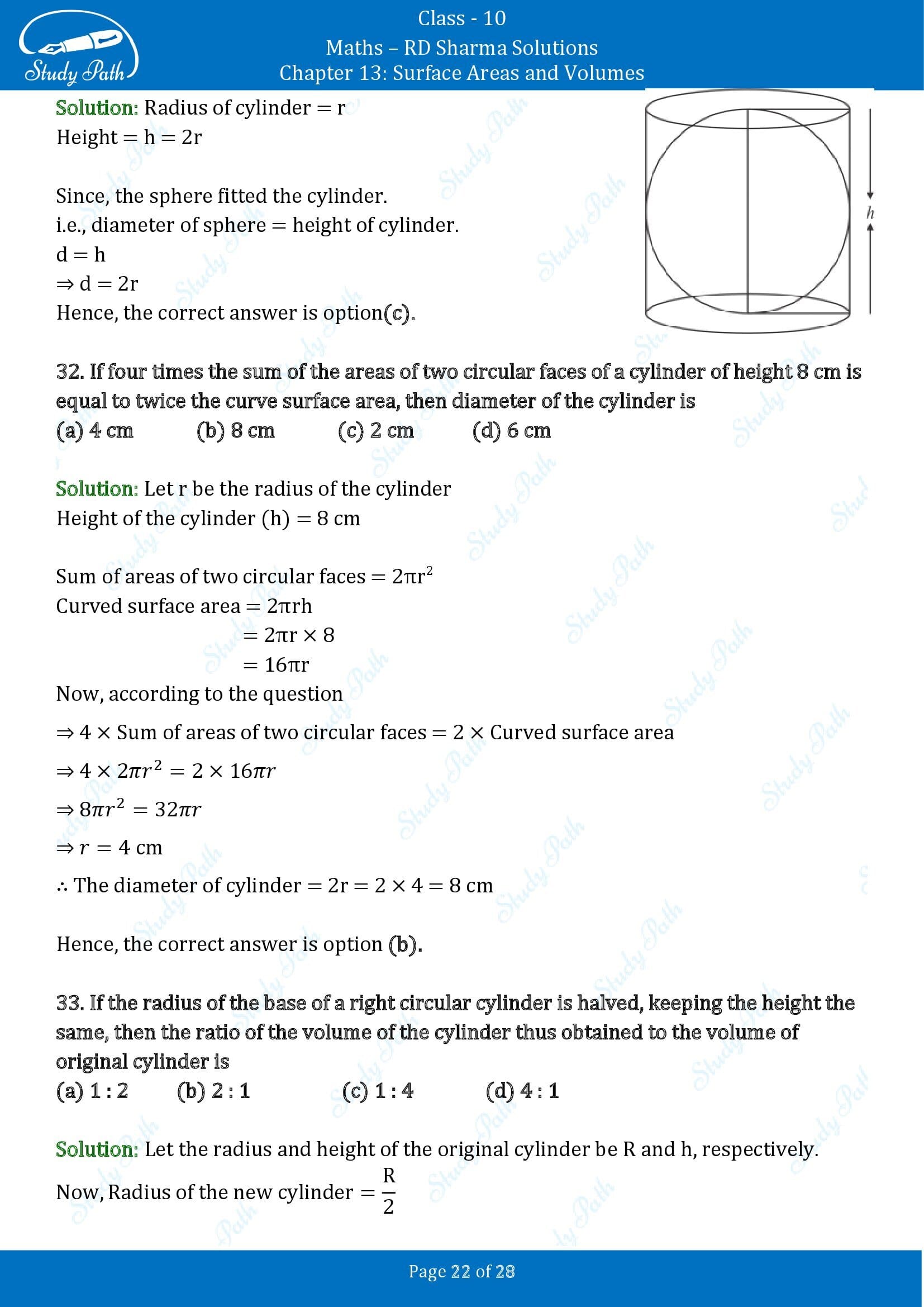 RD Sharma Solutions Class 10 Chapter 13 Surface Areas and Volumes Multiple Choice Questions MCQs 00022