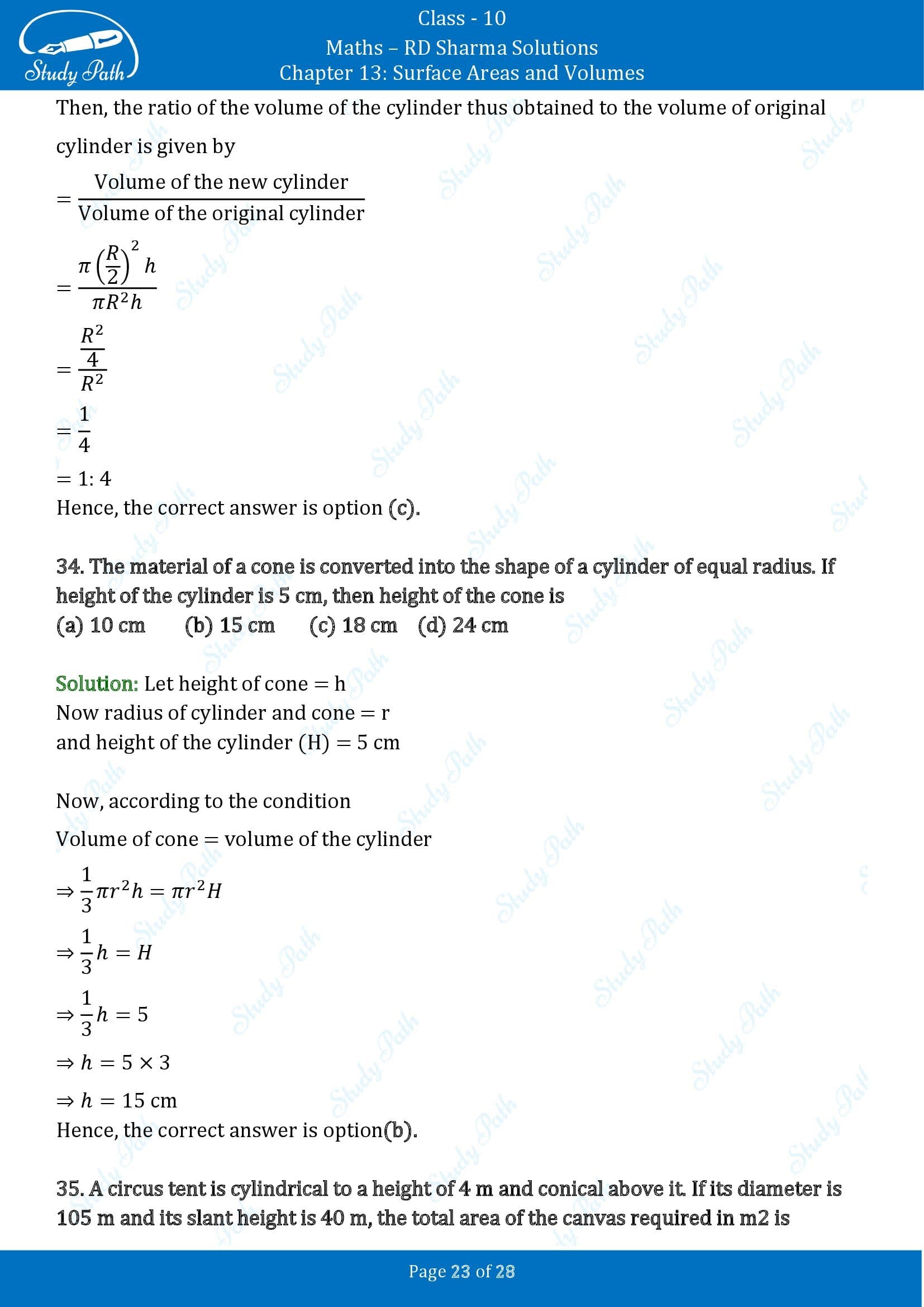 RD Sharma Solutions Class 10 Chapter 13 Surface Areas and Volumes Multiple Choice Questions MCQs 00023