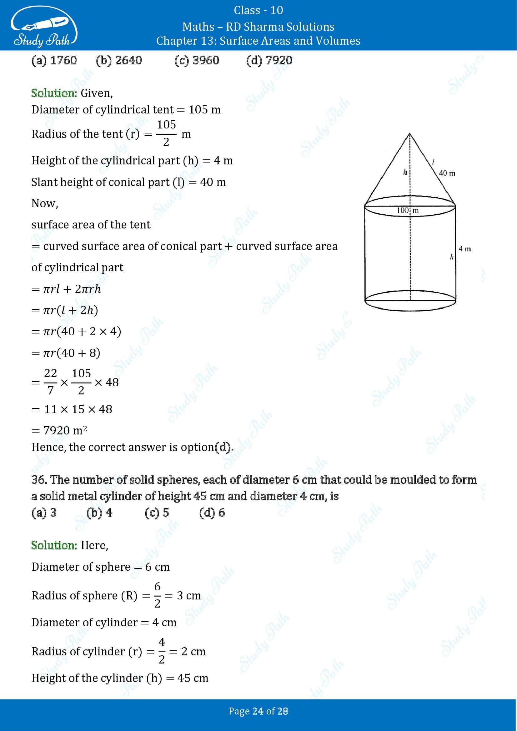 RD Sharma Solutions Class 10 Chapter 13 Surface Areas and Volumes Multiple Choice Questions MCQs 00024