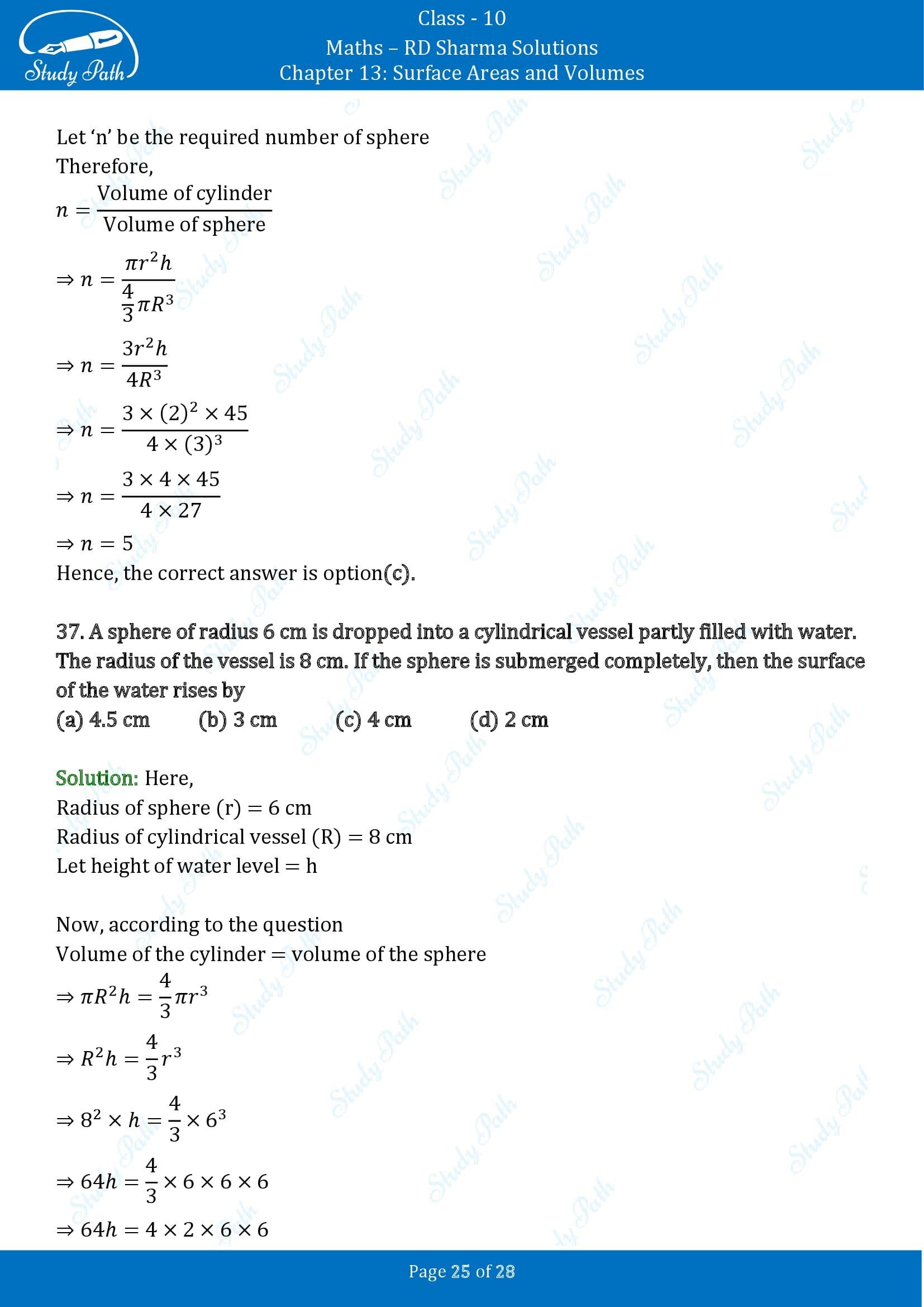 RD Sharma Solutions Class 10 Chapter 13 Surface Areas and Volumes Multiple Choice Questions MCQs 00025