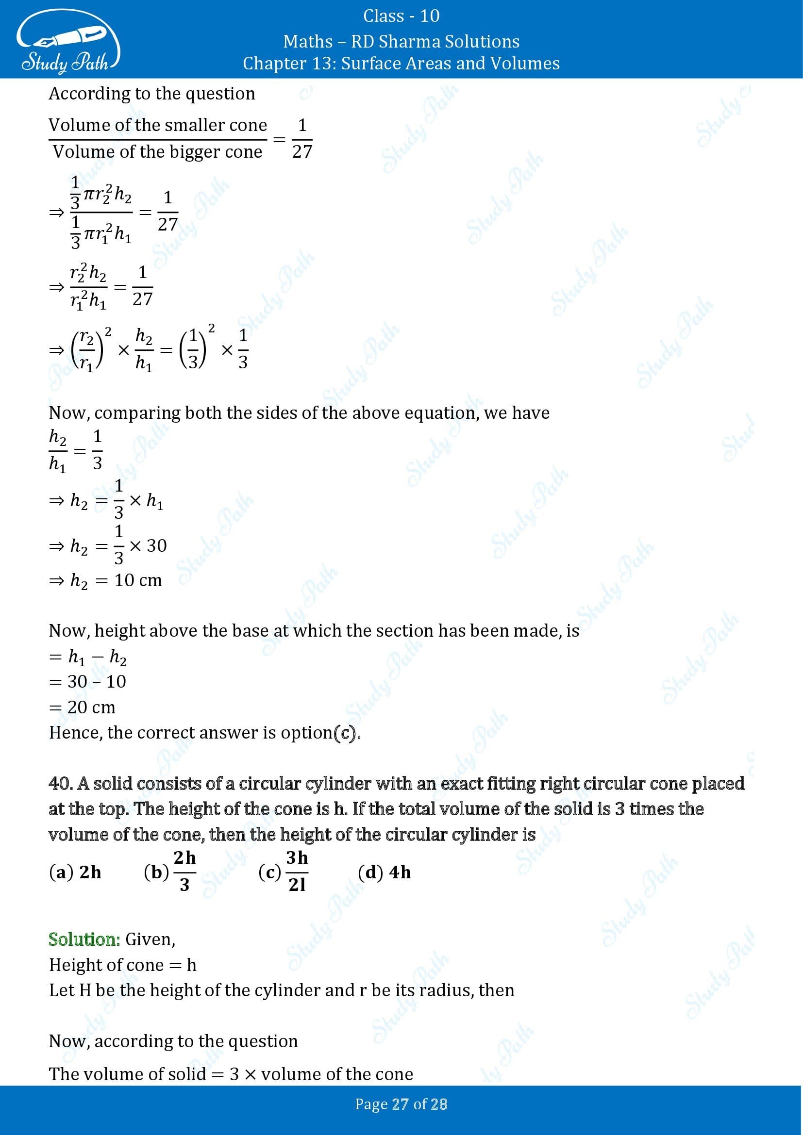 RD Sharma Solutions Class 10 Chapter 13 Surface Areas and Volumes Multiple Choice Questions MCQs 00027