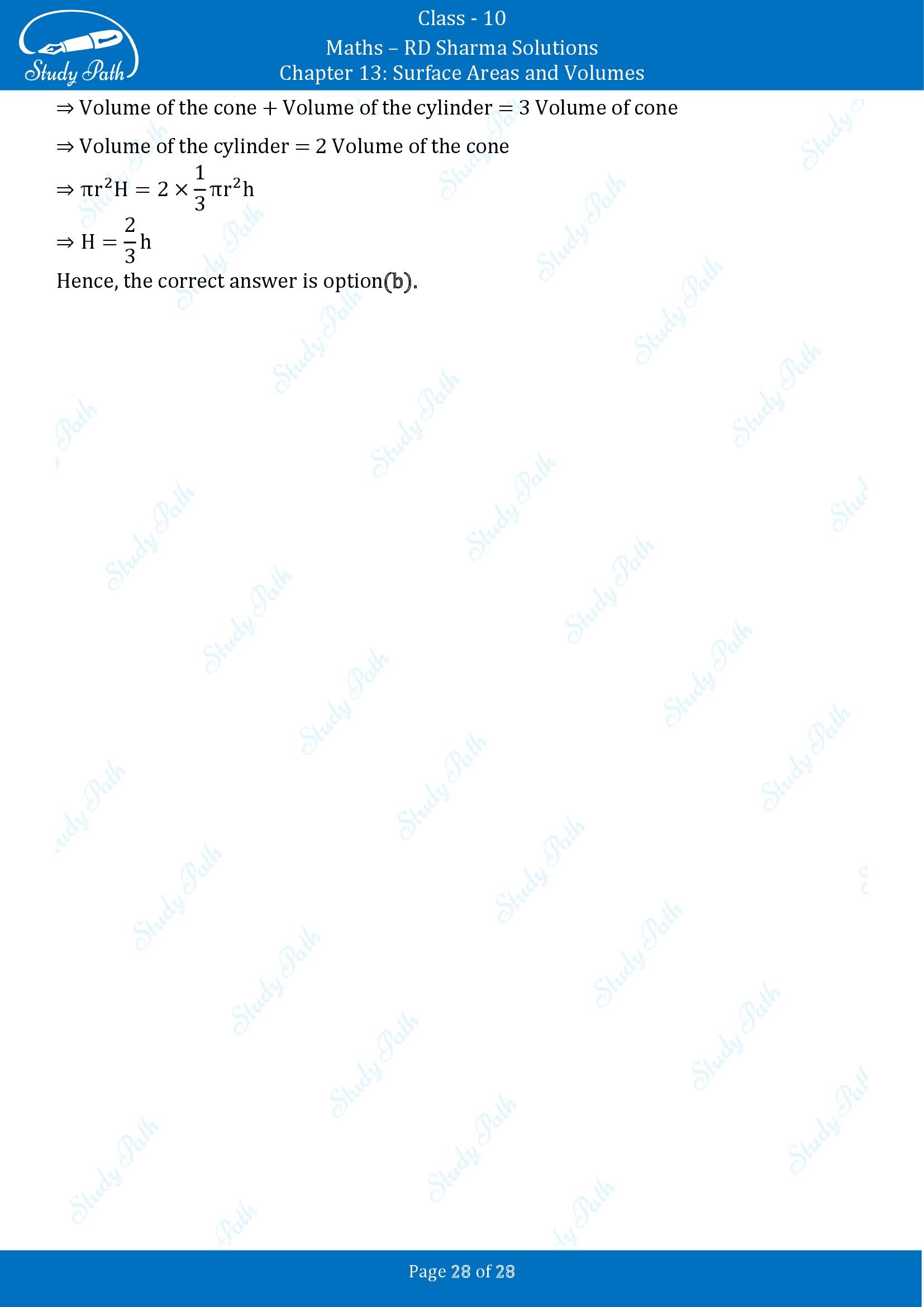 RD Sharma Solutions Class 10 Chapter 13 Surface Areas and Volumes Multiple Choice Questions MCQs 00028