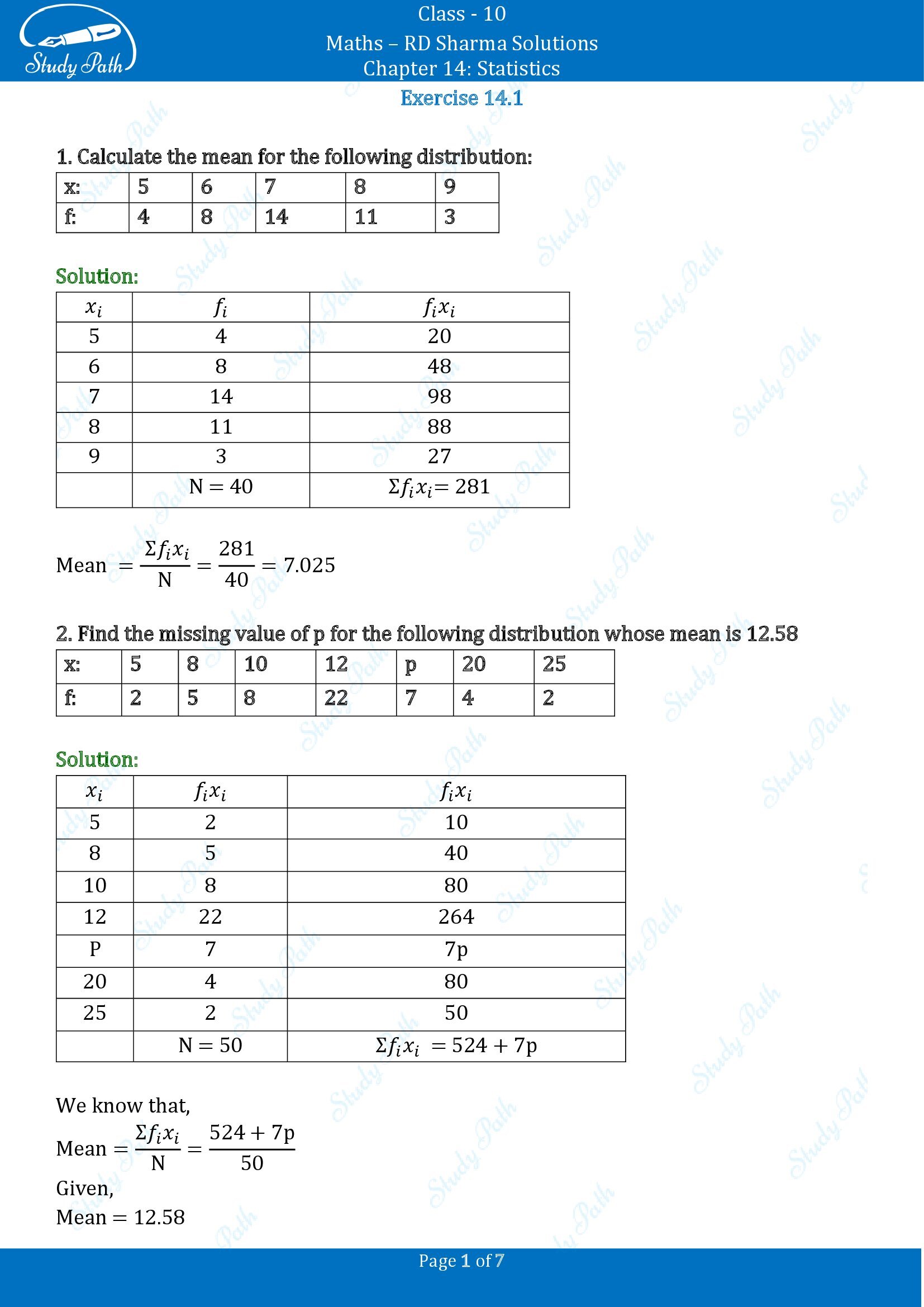 RD Sharma Solutions Class 10 Chapter 14 Statistics Exercise 14.1 00001