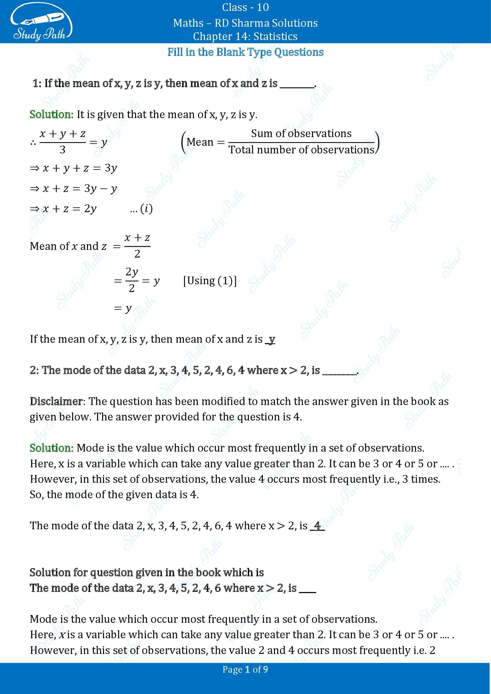 RD Sharma Solutions Class 10 Chapter 14 Statistics Fill in the Blank Type Questions FBQs 00001