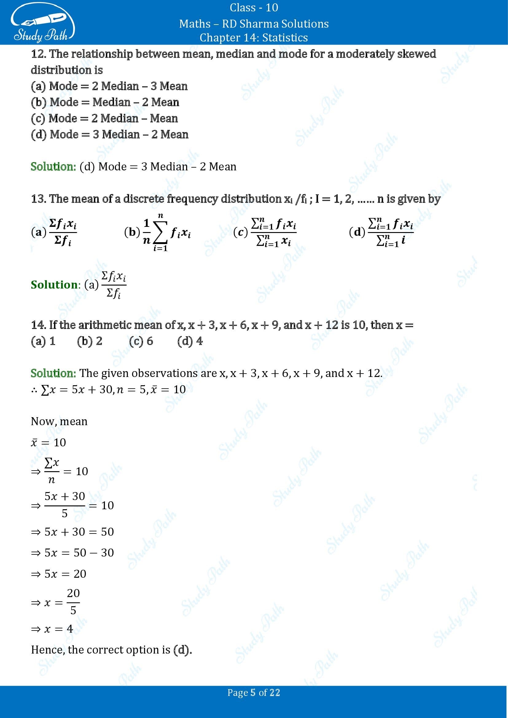 RD Sharma Solutions Class 10 Chapter 14 Statistics Multiple Choice Questions MCQs 00005