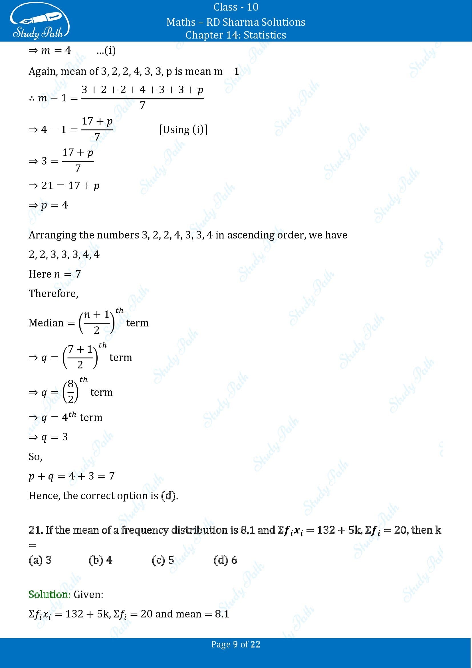 RD Sharma Solutions Class 10 Chapter 14 Statistics Multiple Choice Questions MCQs 00009