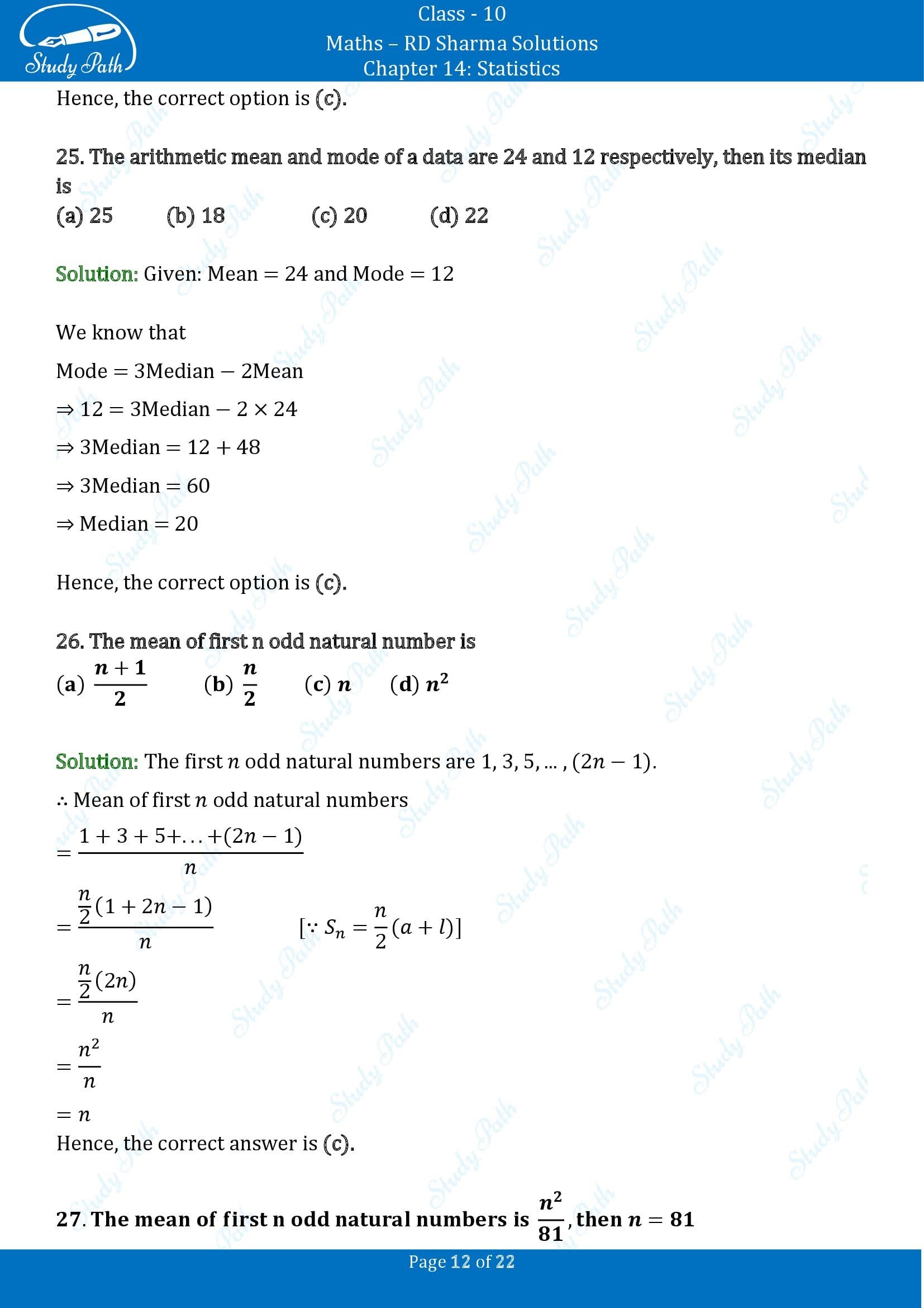 RD Sharma Solutions Class 10 Chapter 14 Statistics Multiple Choice Questions MCQs 00012