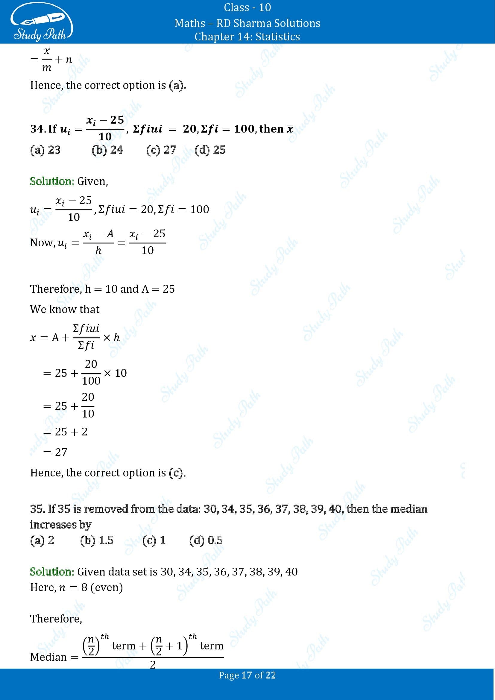 RD Sharma Solutions Class 10 Chapter 14 Statistics Multiple Choice Questions MCQs 00017