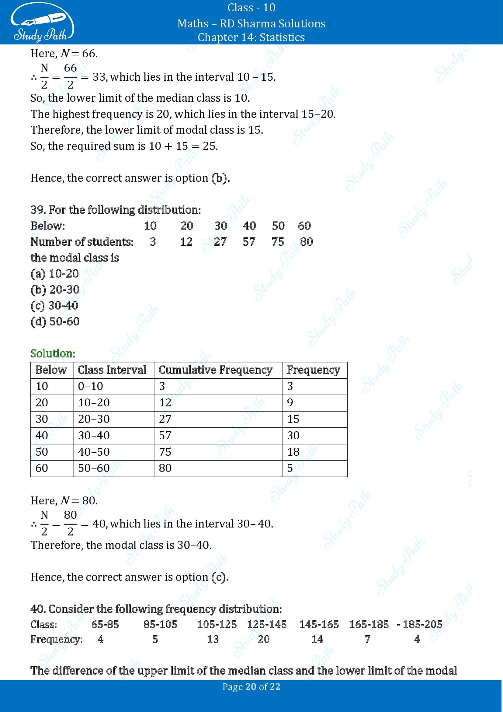 RD Sharma Solutions Class 10 Chapter 14 Statistics Multiple Choice Questions MCQs 00020