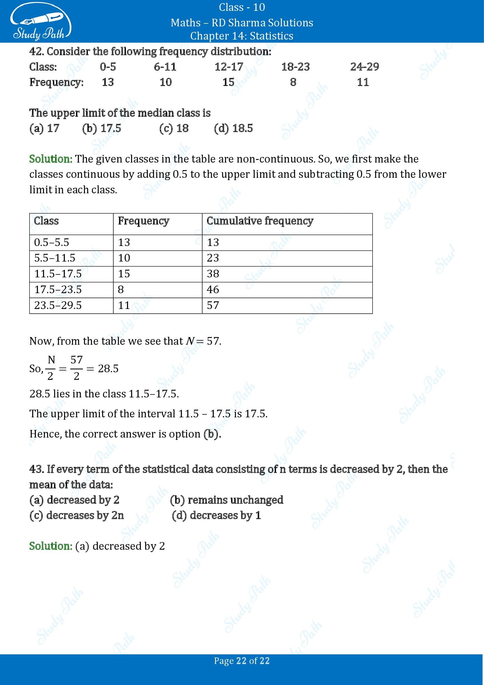 RD Sharma Solutions Class 10 Chapter 14 Statistics Multiple Choice Questions MCQs 00022