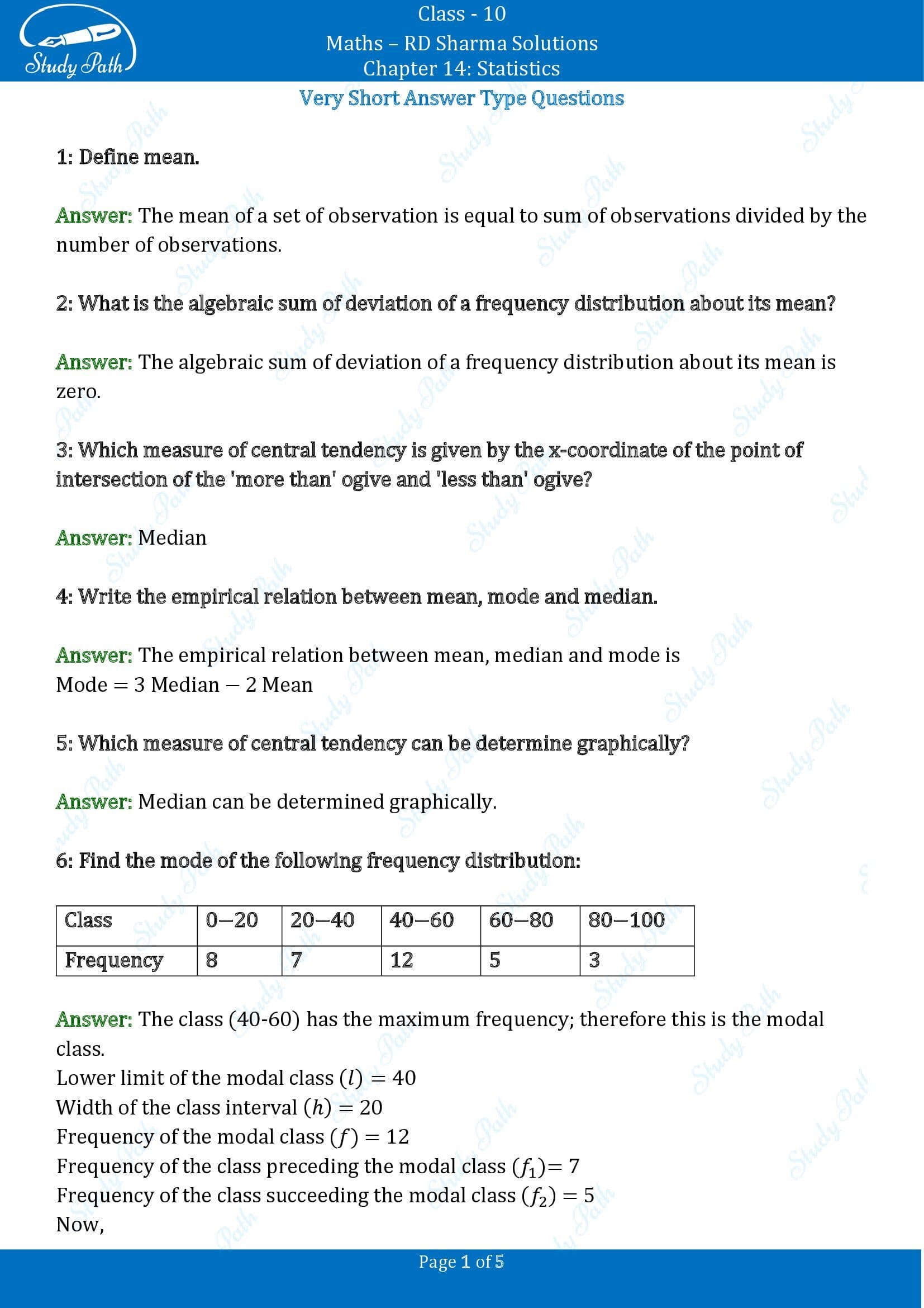 RD Sharma Solutions Class 10 Chapter 14 Statistics Very Short Answer Type Questions VSAQs 00001