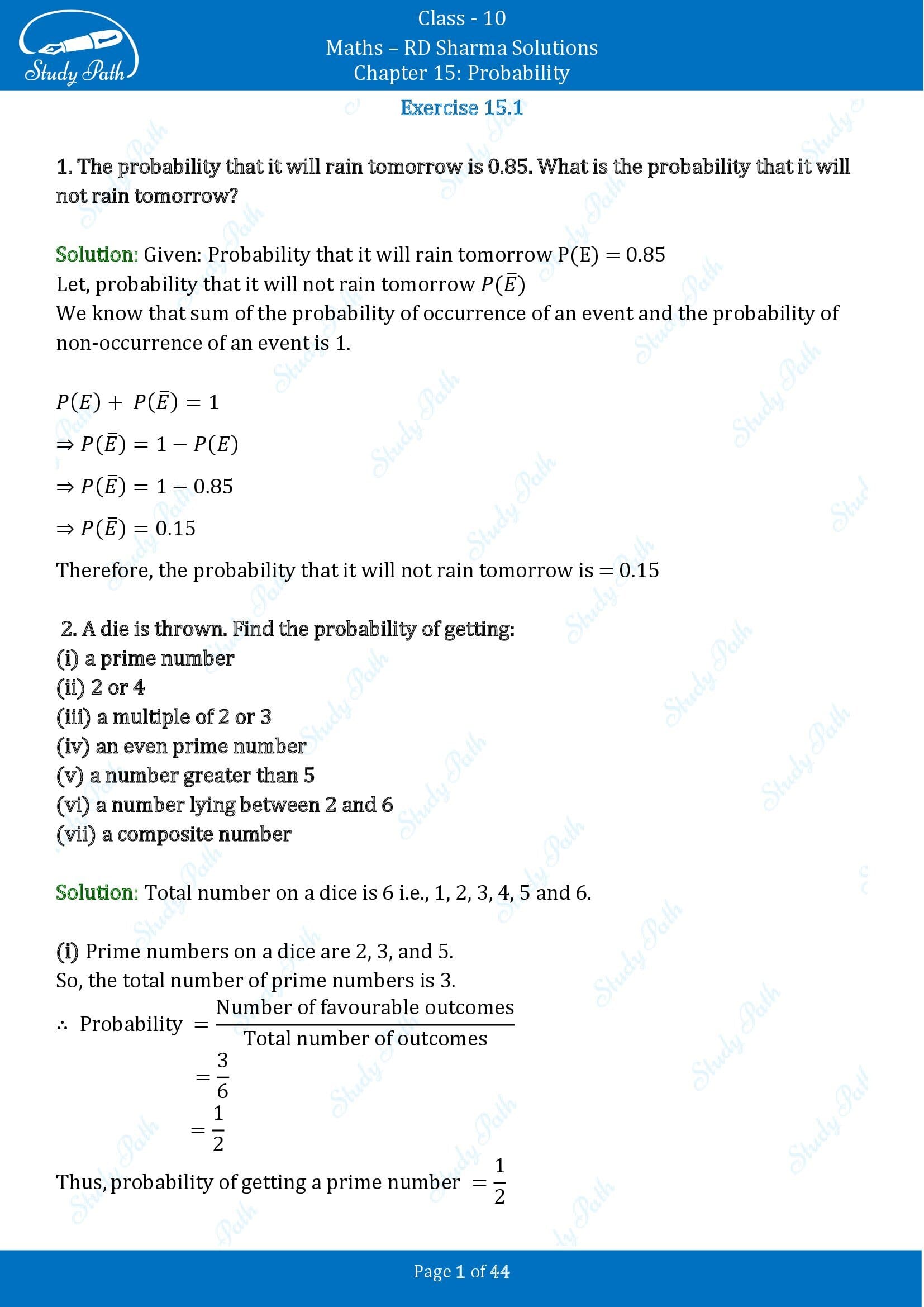 RD Sharma Solutions Class 10 Chapter 15 Probability Exercise 15.1 00001