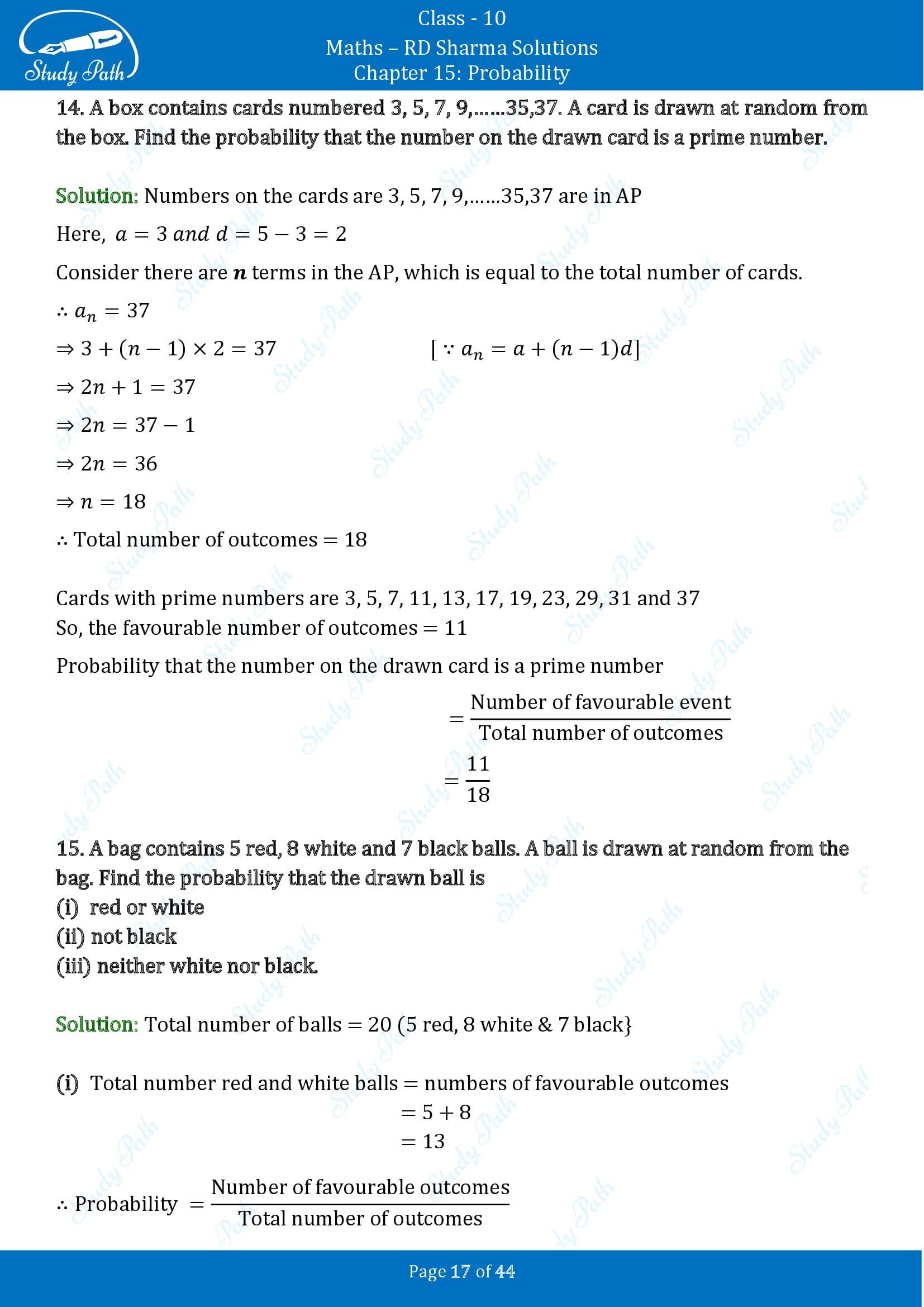 RD Sharma Solutions Class 10 Chapter 15 Probability Exercise 15.1 00017