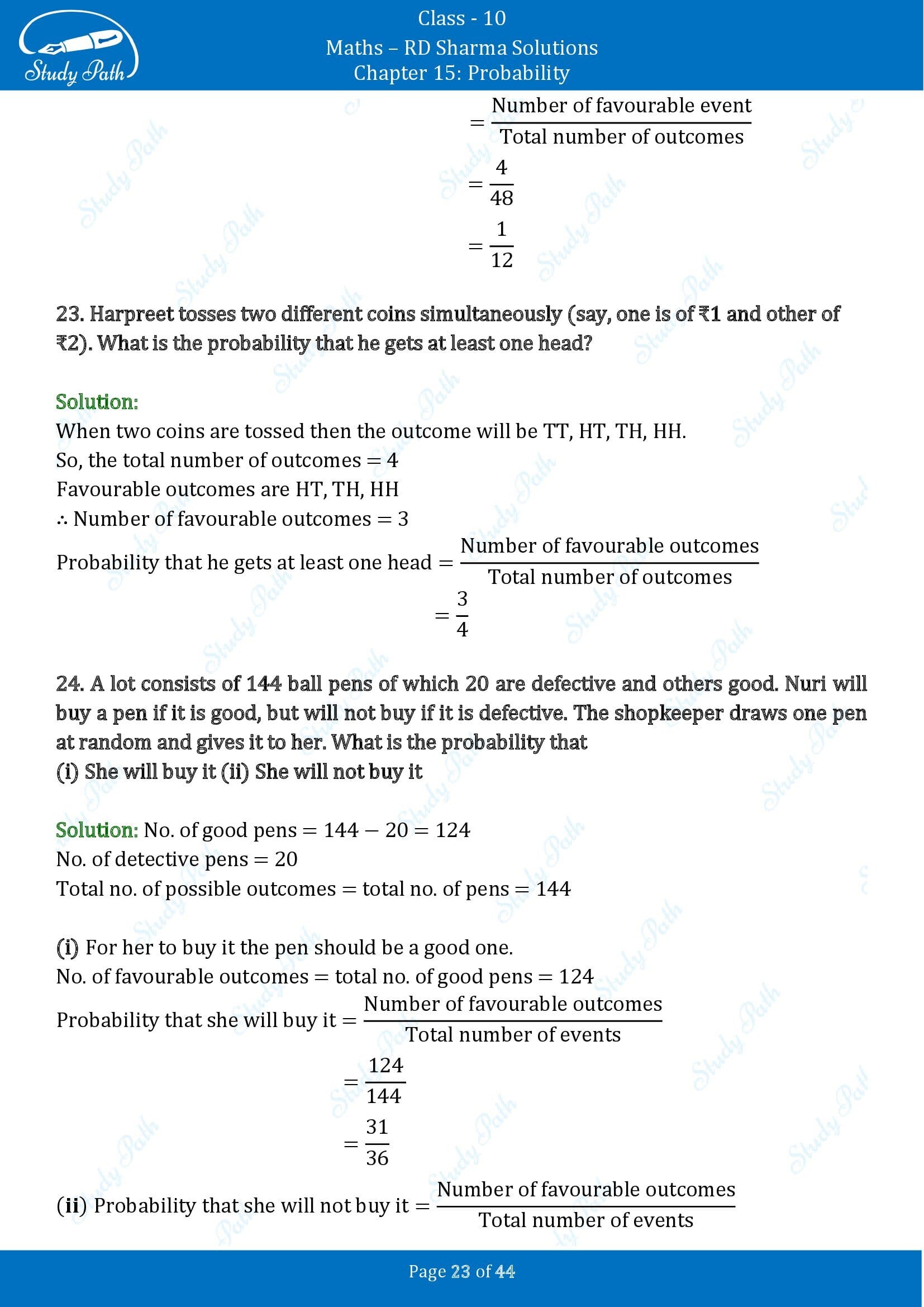 RD Sharma Solutions Class 10 Chapter 15 Probability Exercise 15.1 00023