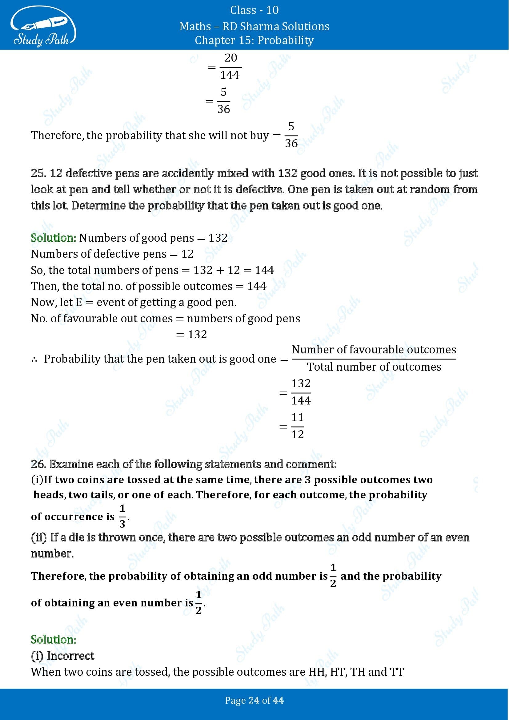 RD Sharma Solutions Class 10 Chapter 15 Probability Exercise 15.1 00024