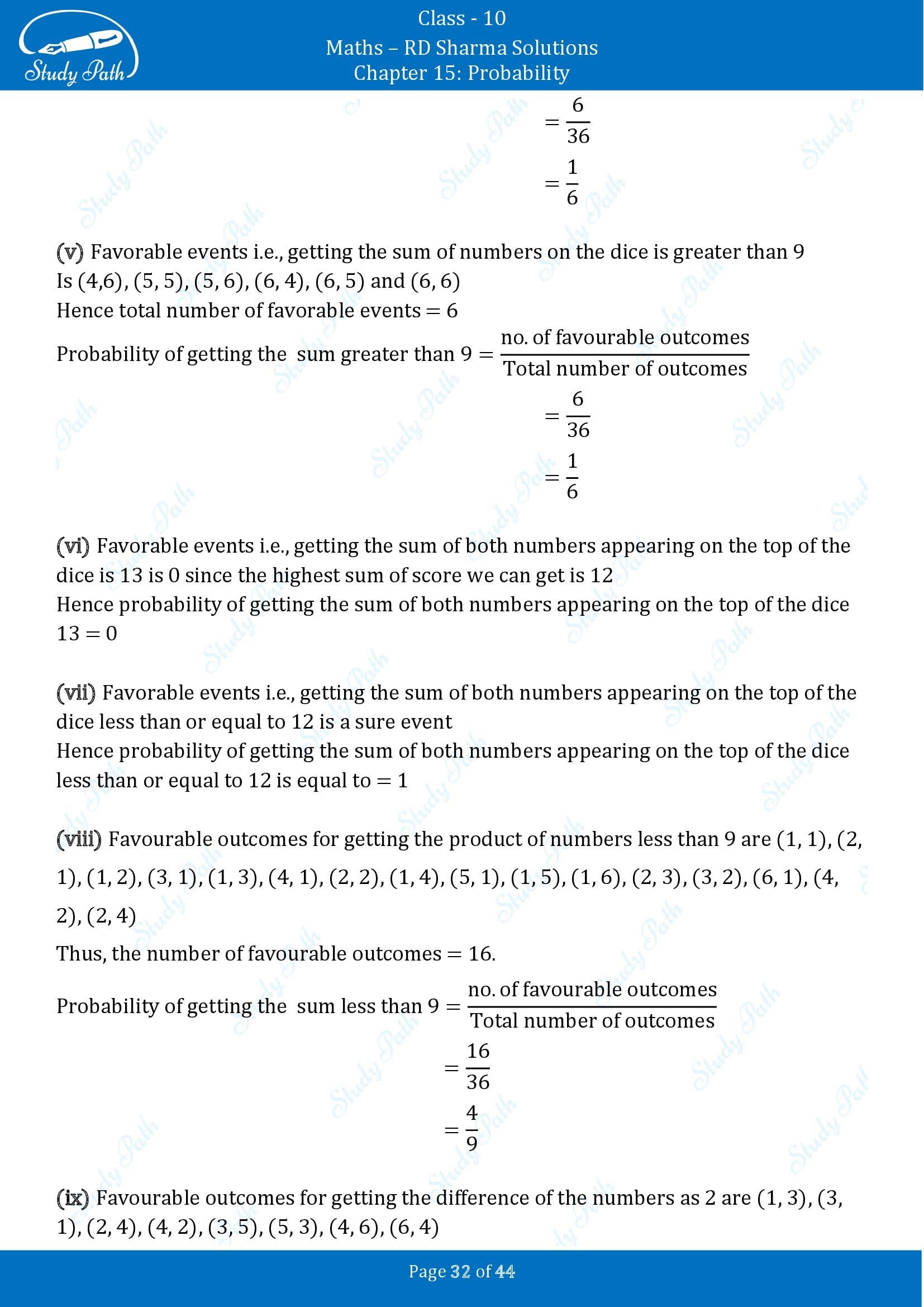 RD Sharma Solutions Class 10 Chapter 15 Probability Exercise 15.1 00032