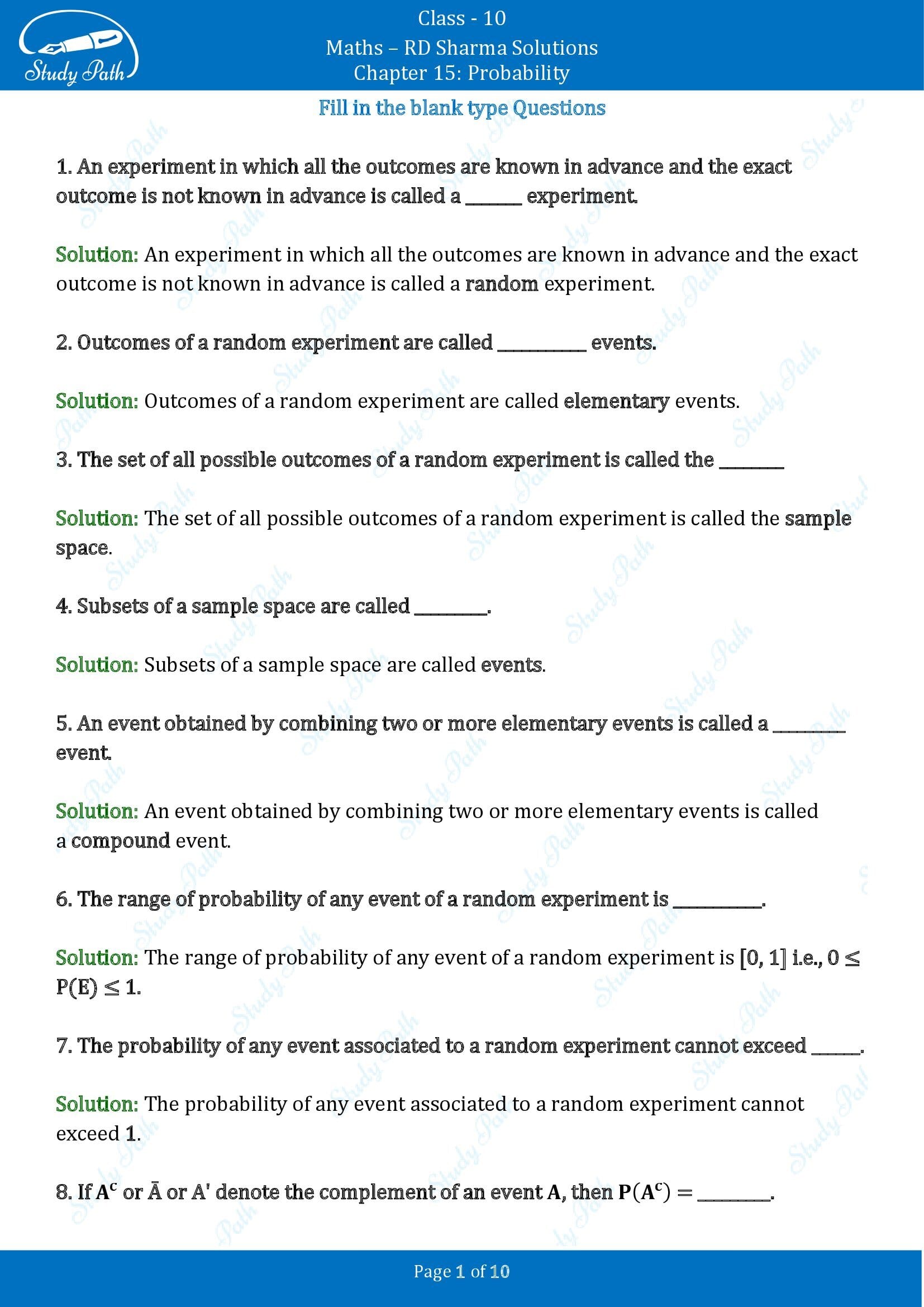 RD Sharma Solutions Class 10 Chapter 15 Probability Fill in the Blank Type Questions FBQs 00001