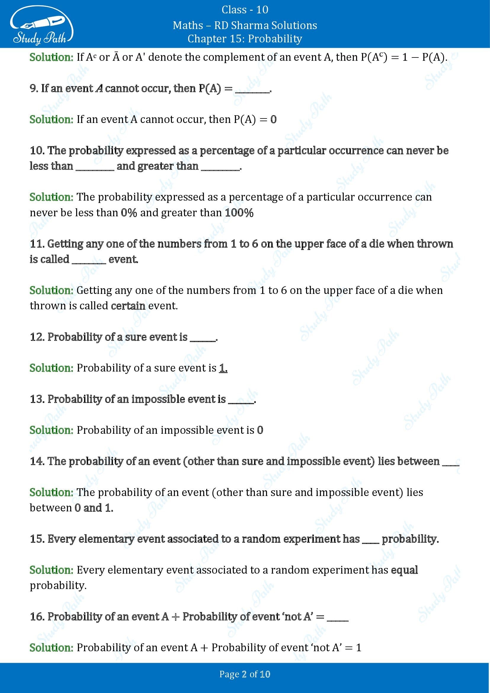 RD Sharma Solutions Class 10 Chapter 15 Probability Fill in the Blank Type Questions FBQs 00002