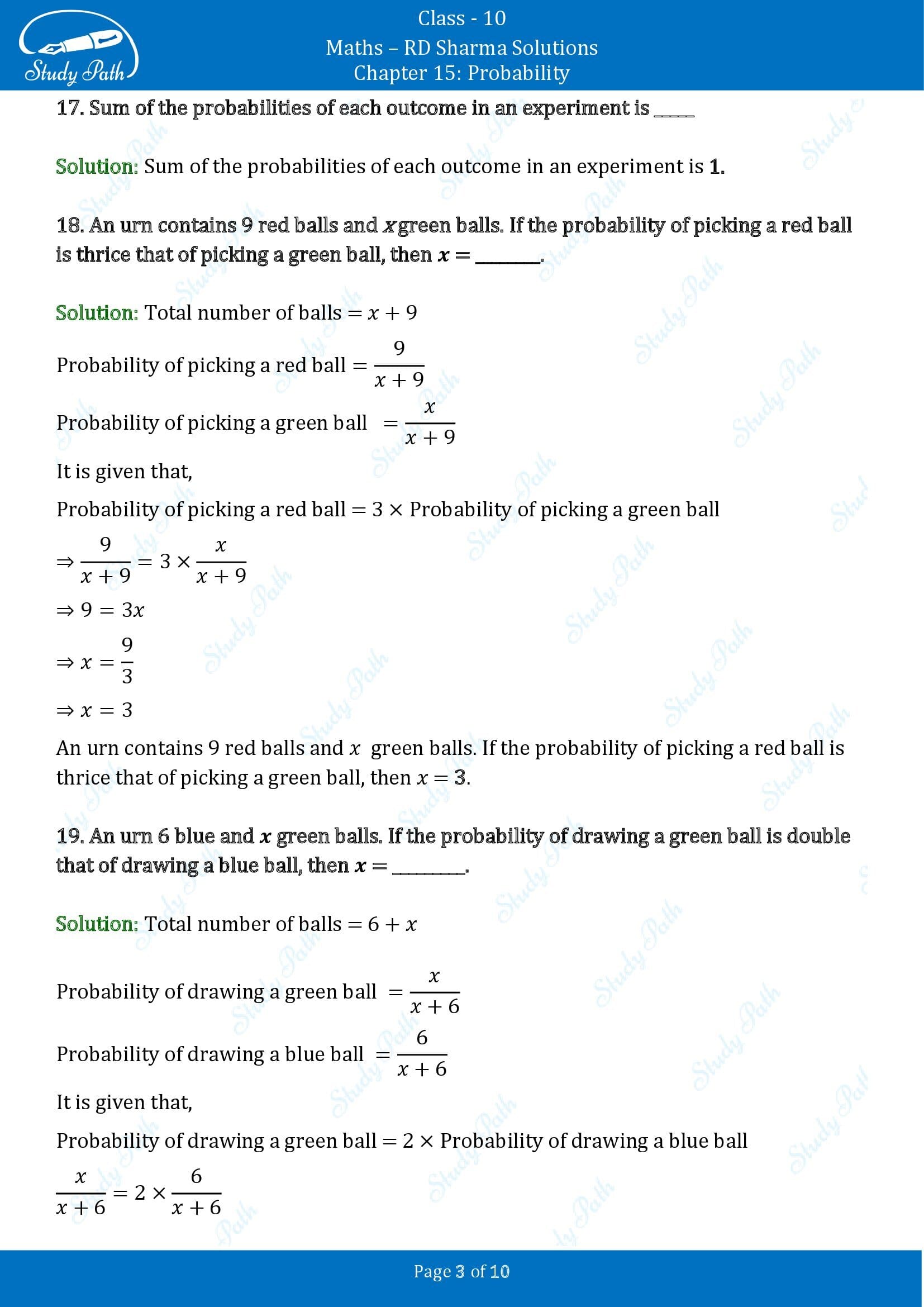 RD Sharma Solutions Class 10 Chapter 15 Probability Fill in the Blank Type Questions FBQs 00003