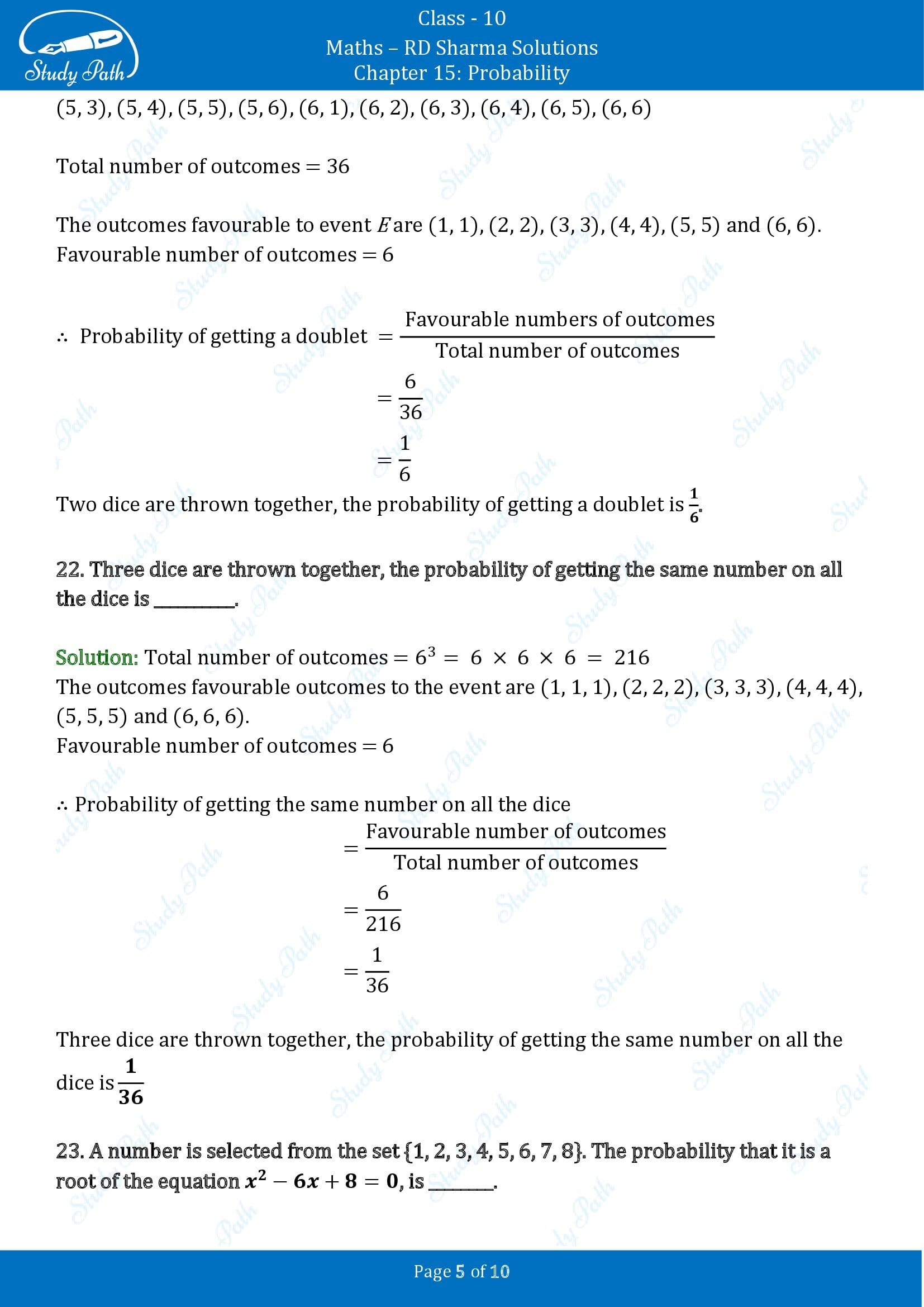 RD Sharma Solutions Class 10 Chapter 15 Probability Fill in the Blank Type Questions FBQs 00005