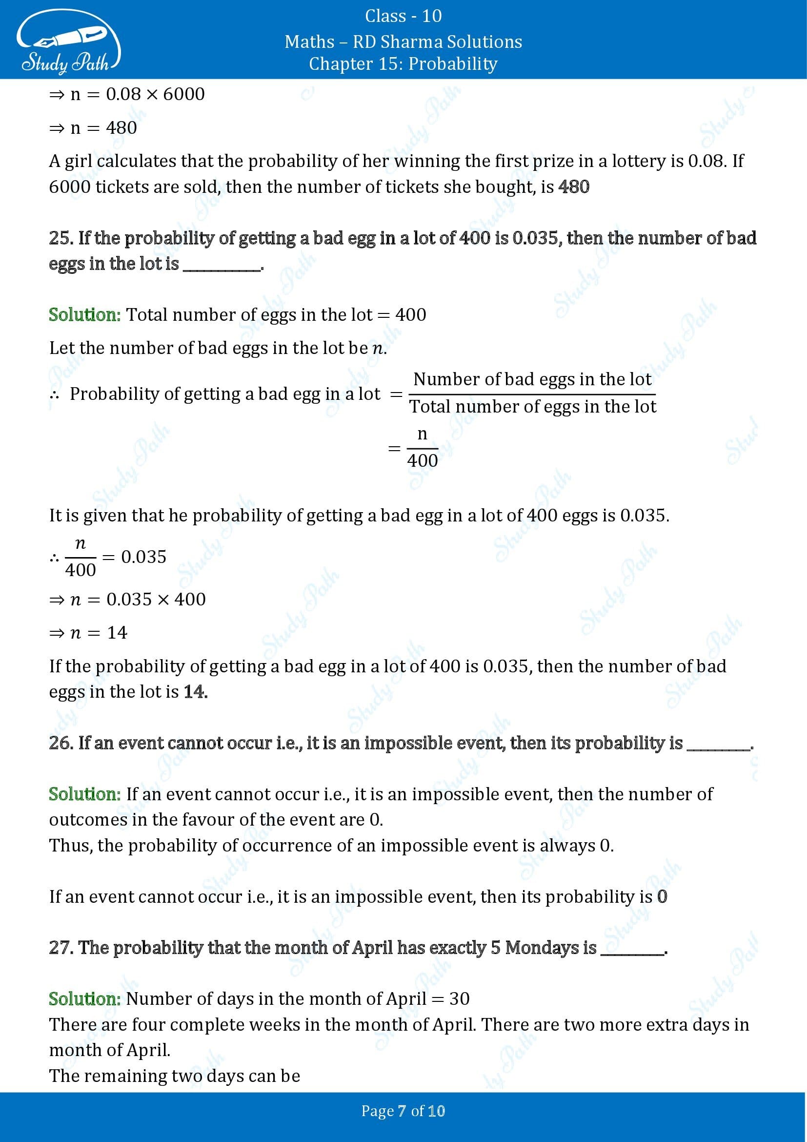 RD Sharma Solutions Class 10 Chapter 15 Probability Fill in the Blank Type Questions FBQs 00007