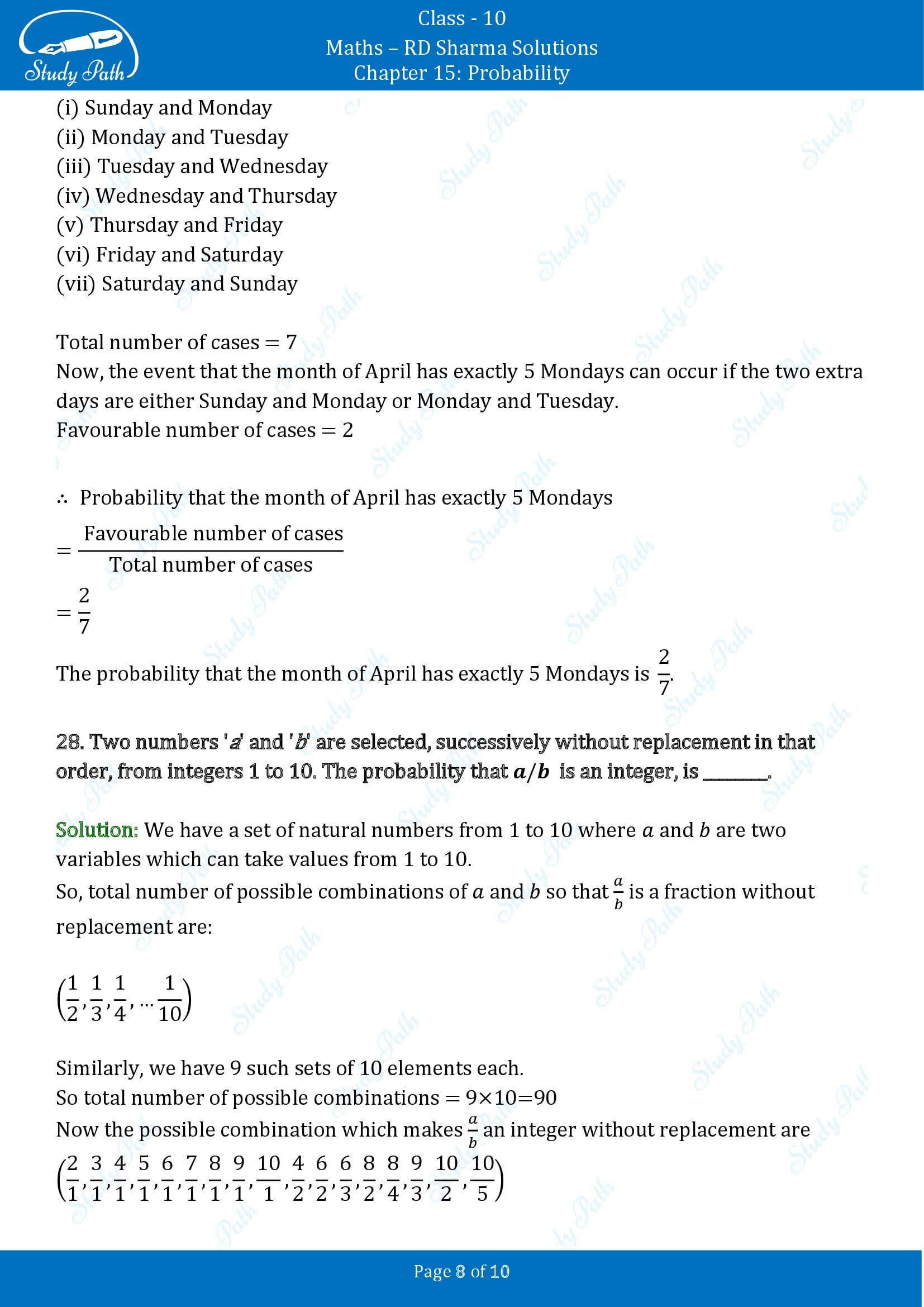 RD Sharma Solutions Class 10 Chapter 15 Probability Fill in the Blank Type Questions FBQs 00008