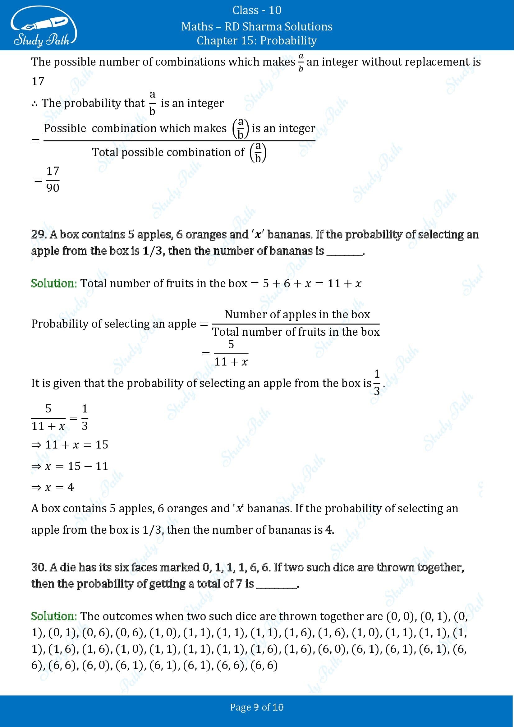 RD Sharma Solutions Class 10 Chapter 15 Probability Fill in the Blank Type Questions FBQs 00009