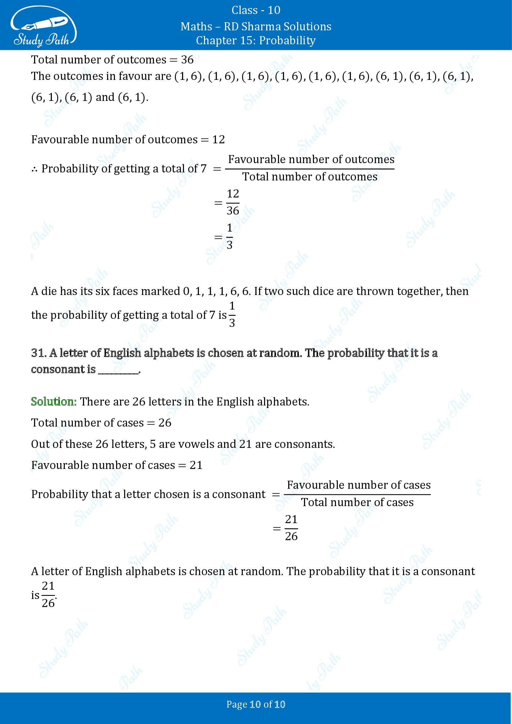 RD Sharma Solutions Class 10 Chapter 15 Probability Fill in the Blank Type Questions FBQs 00010