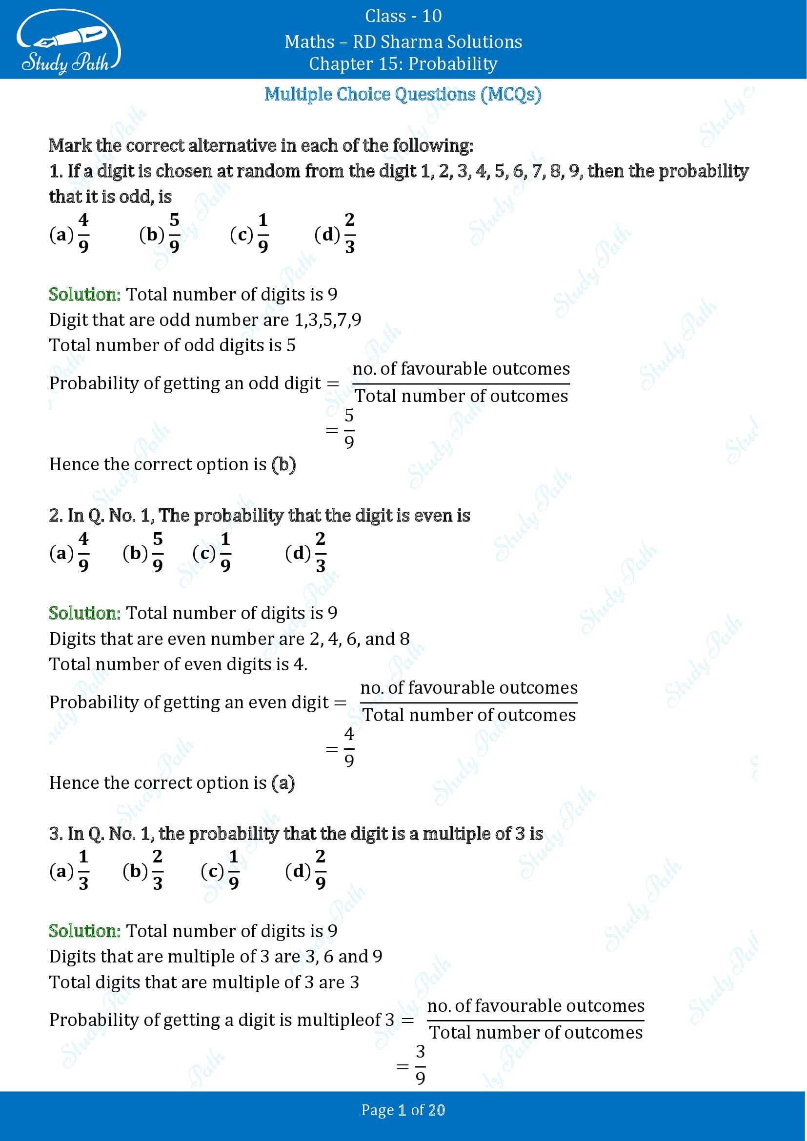 RD Sharma Solutions Class 10 Chapter 15 Probability Multiple Choice Questions MCQs 00001