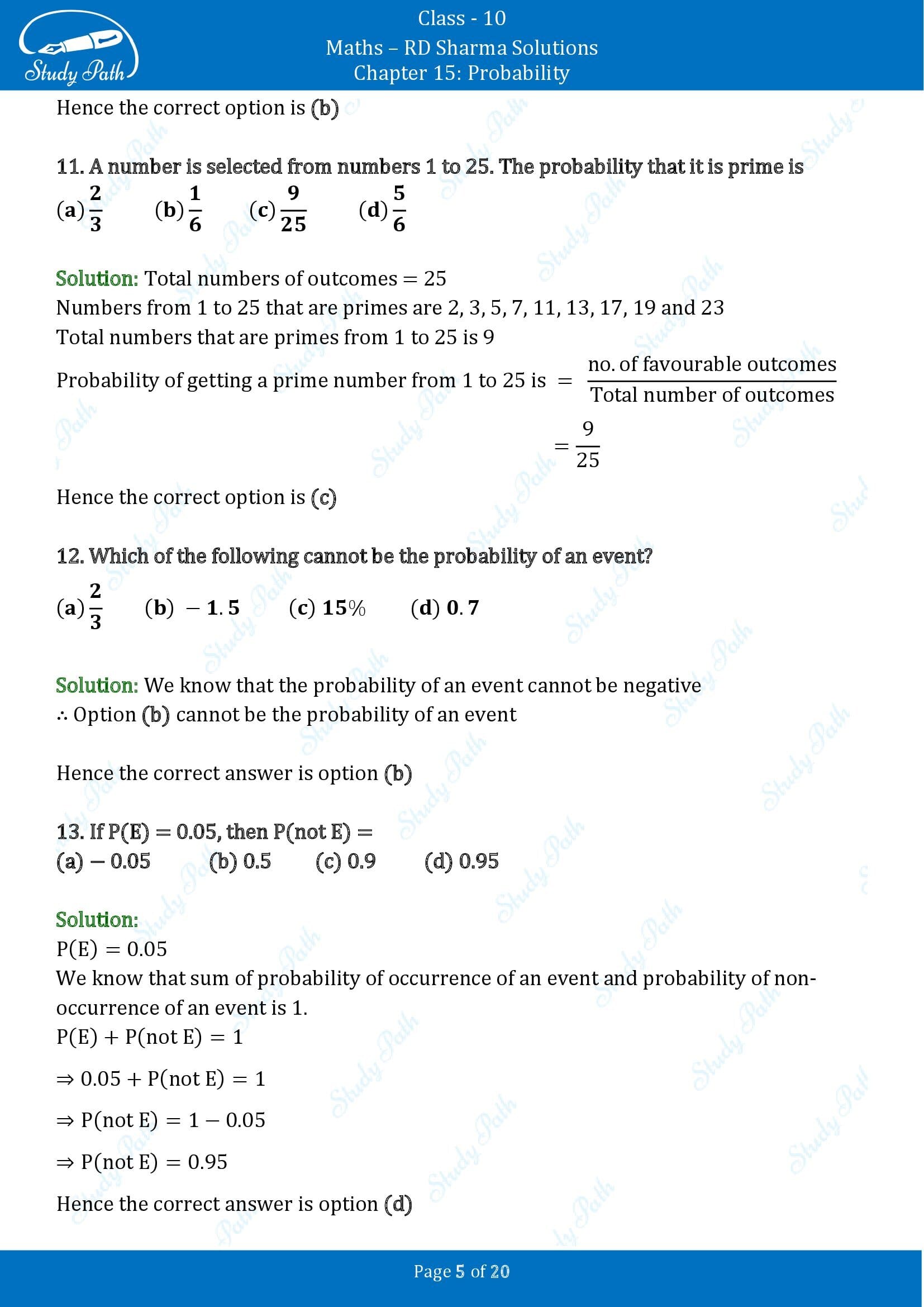 RD Sharma Solutions Class 10 Chapter 15 Probability Multiple Choice Questions MCQs 00005