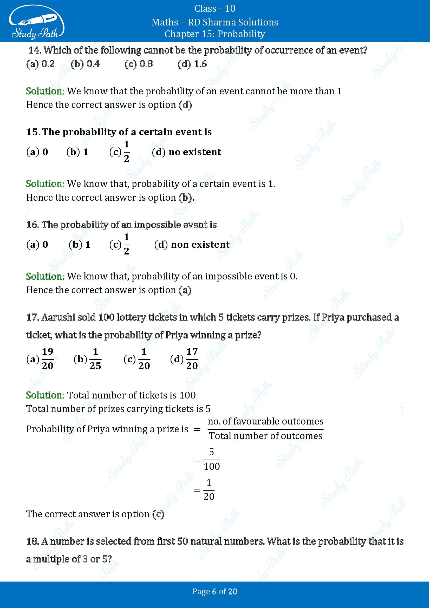 RD Sharma Solutions Class 10 Chapter 15 Probability Multiple Choice Questions MCQs 00006