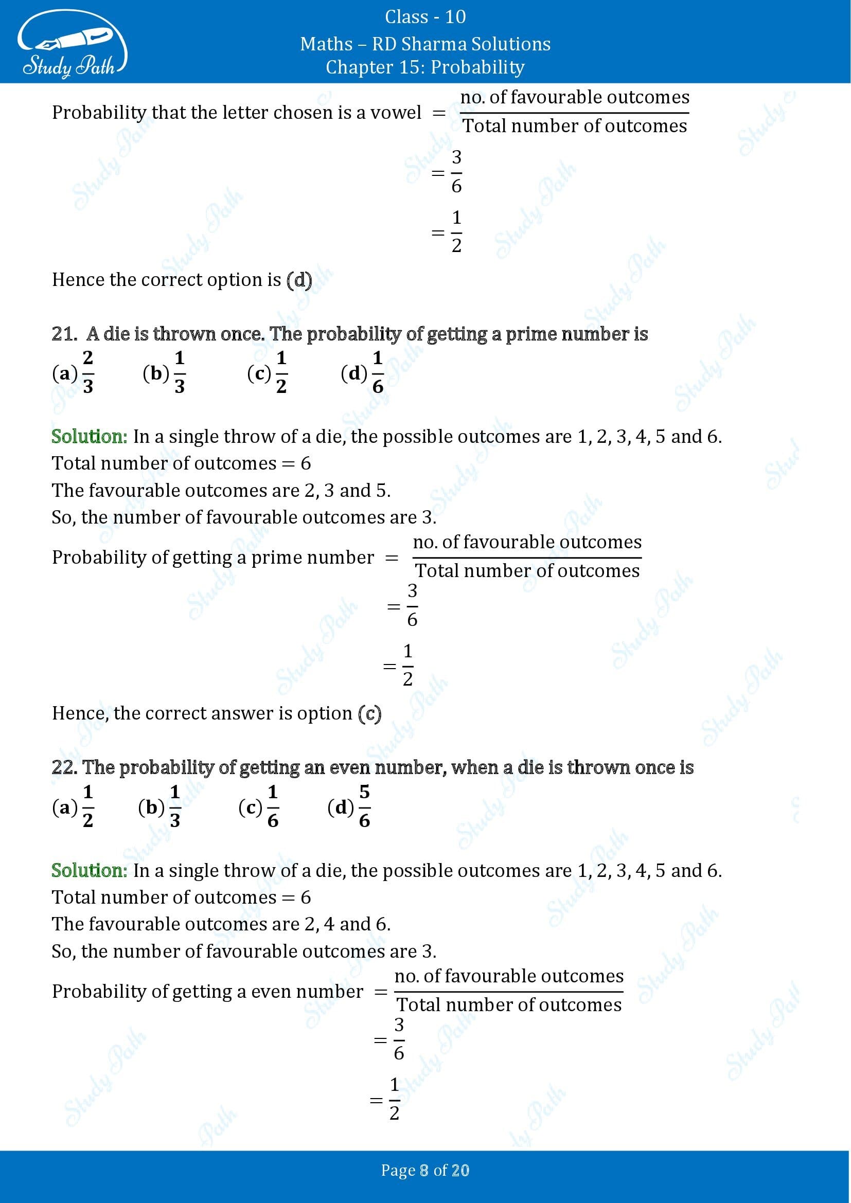 RD Sharma Solutions Class 10 Chapter 15 Probability Multiple Choice Questions MCQs 00008