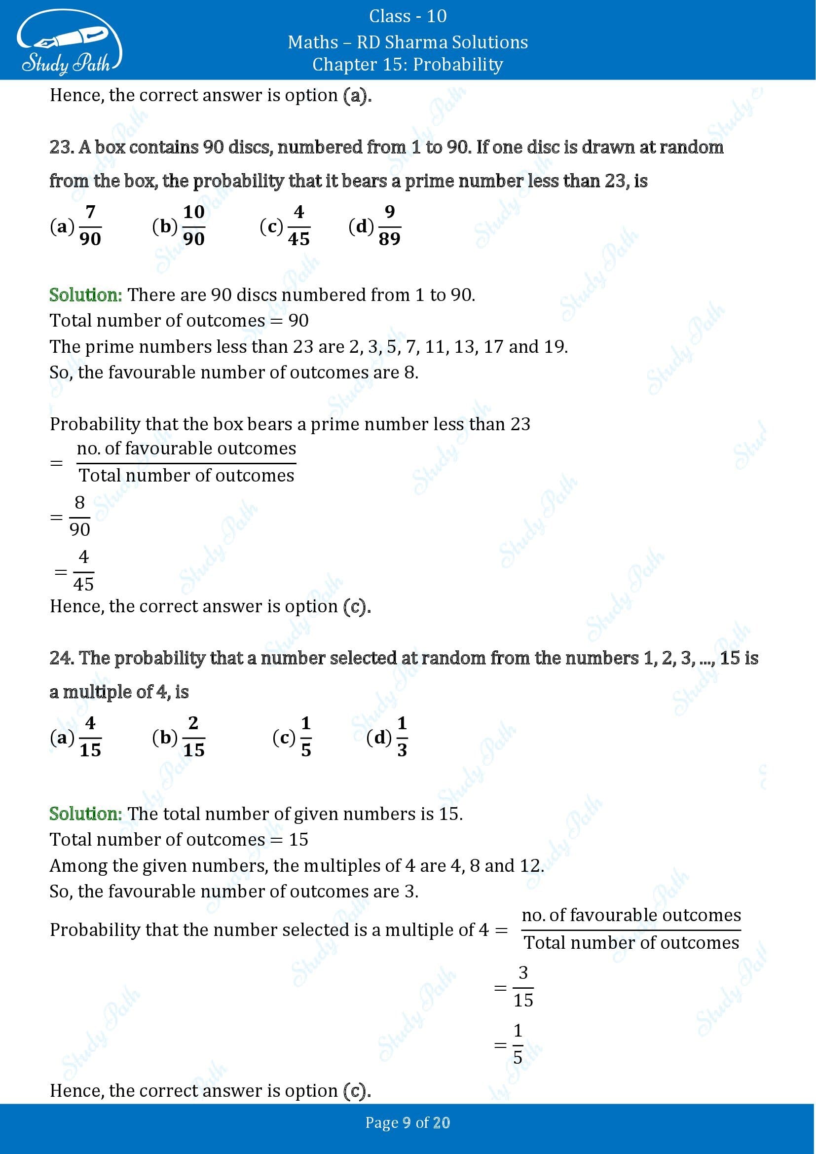 RD Sharma Solutions Class 10 Chapter 15 Probability Multiple Choice Questions MCQs 00009