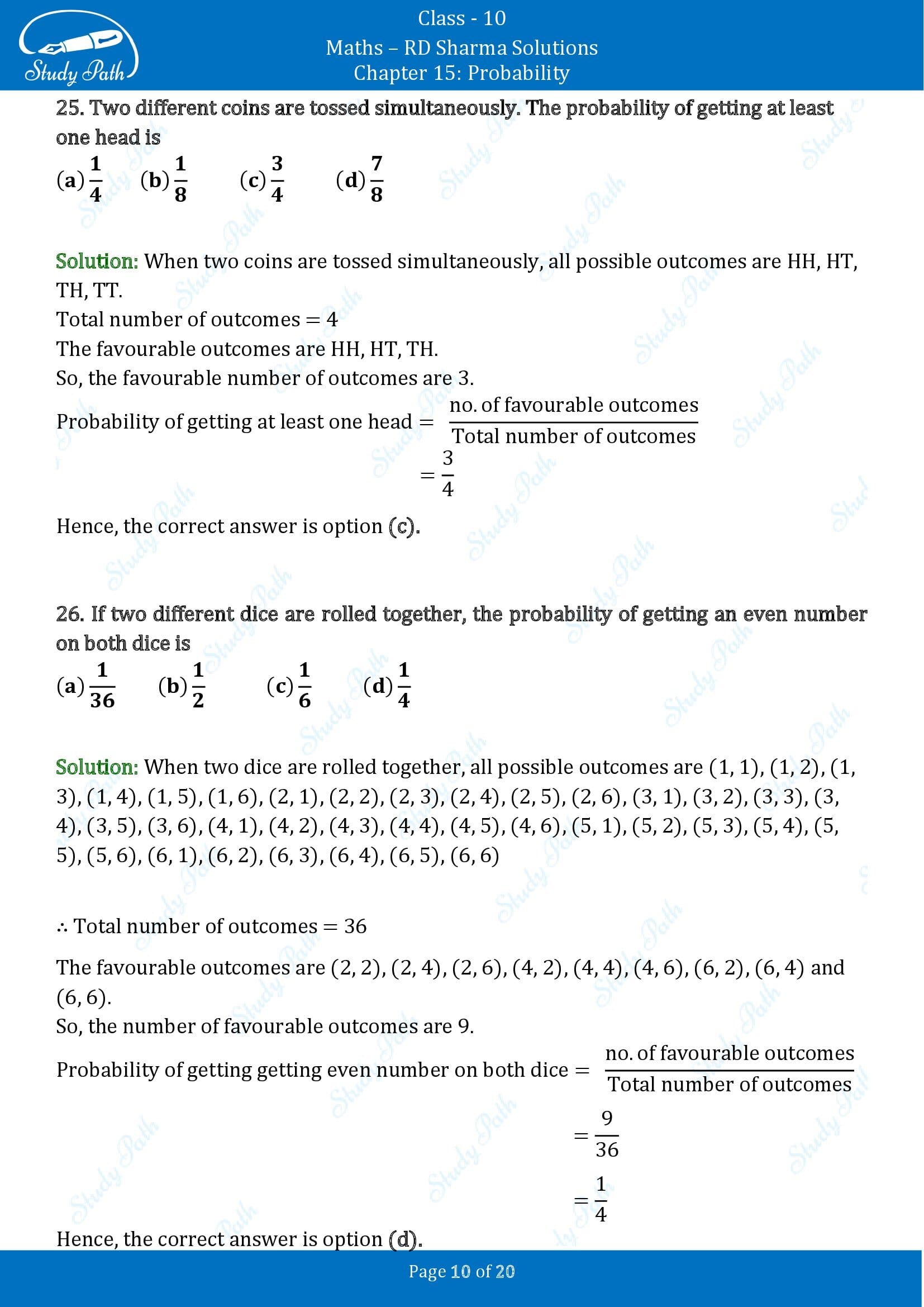 RD Sharma Solutions Class 10 Chapter 15 Probability Multiple Choice Questions MCQs 00010