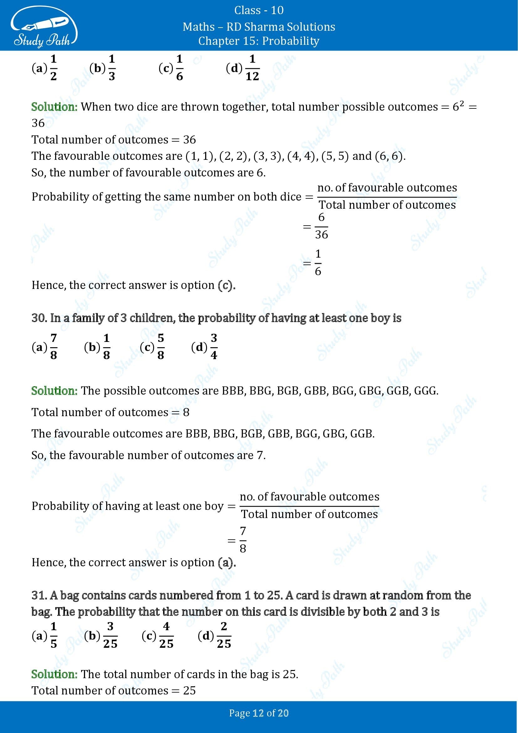 RD Sharma Solutions Class 10 Chapter 15 Probability Multiple Choice Questions MCQs 00012