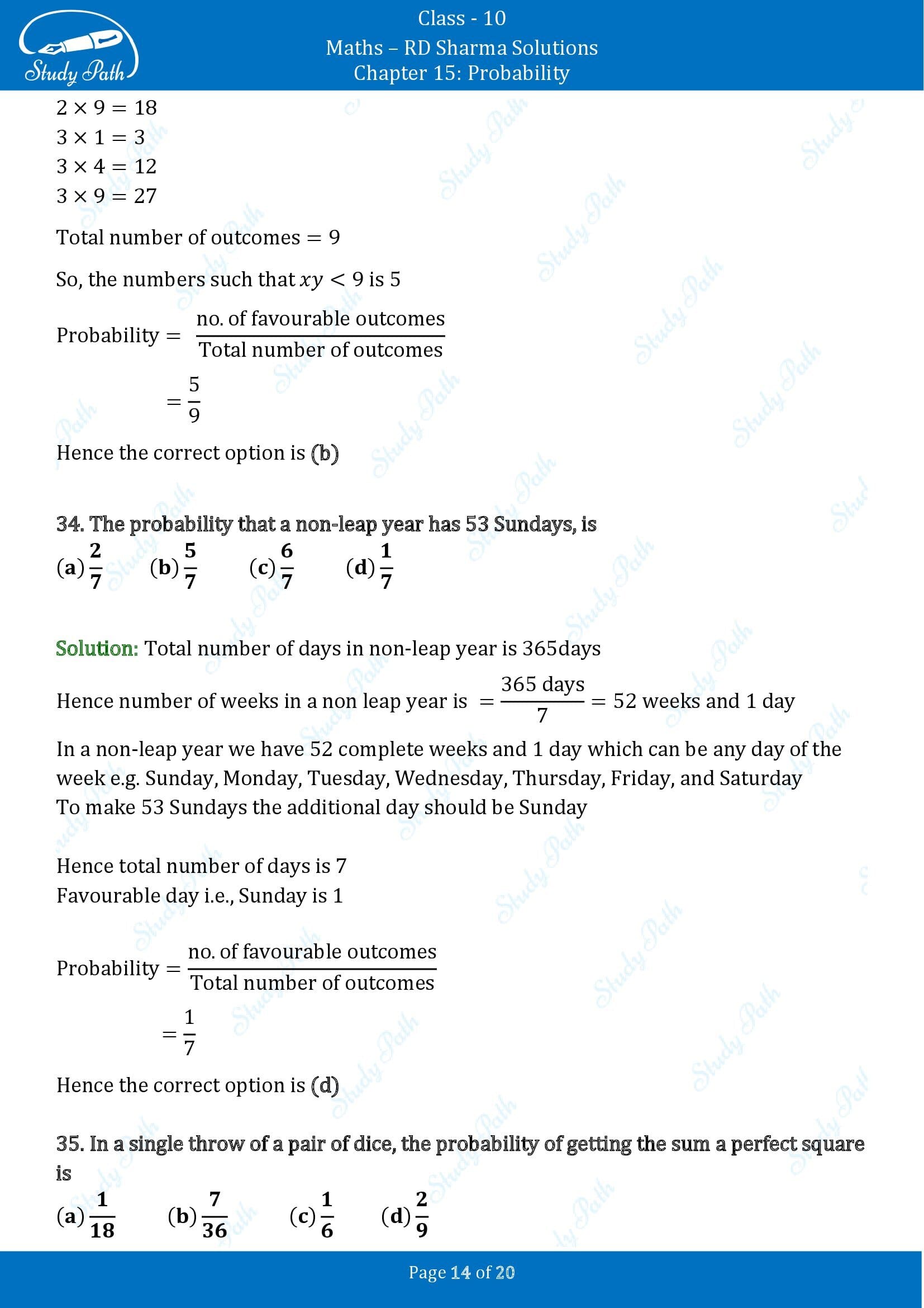 RD Sharma Solutions Class 10 Chapter 15 Probability Multiple Choice Questions MCQs 00014