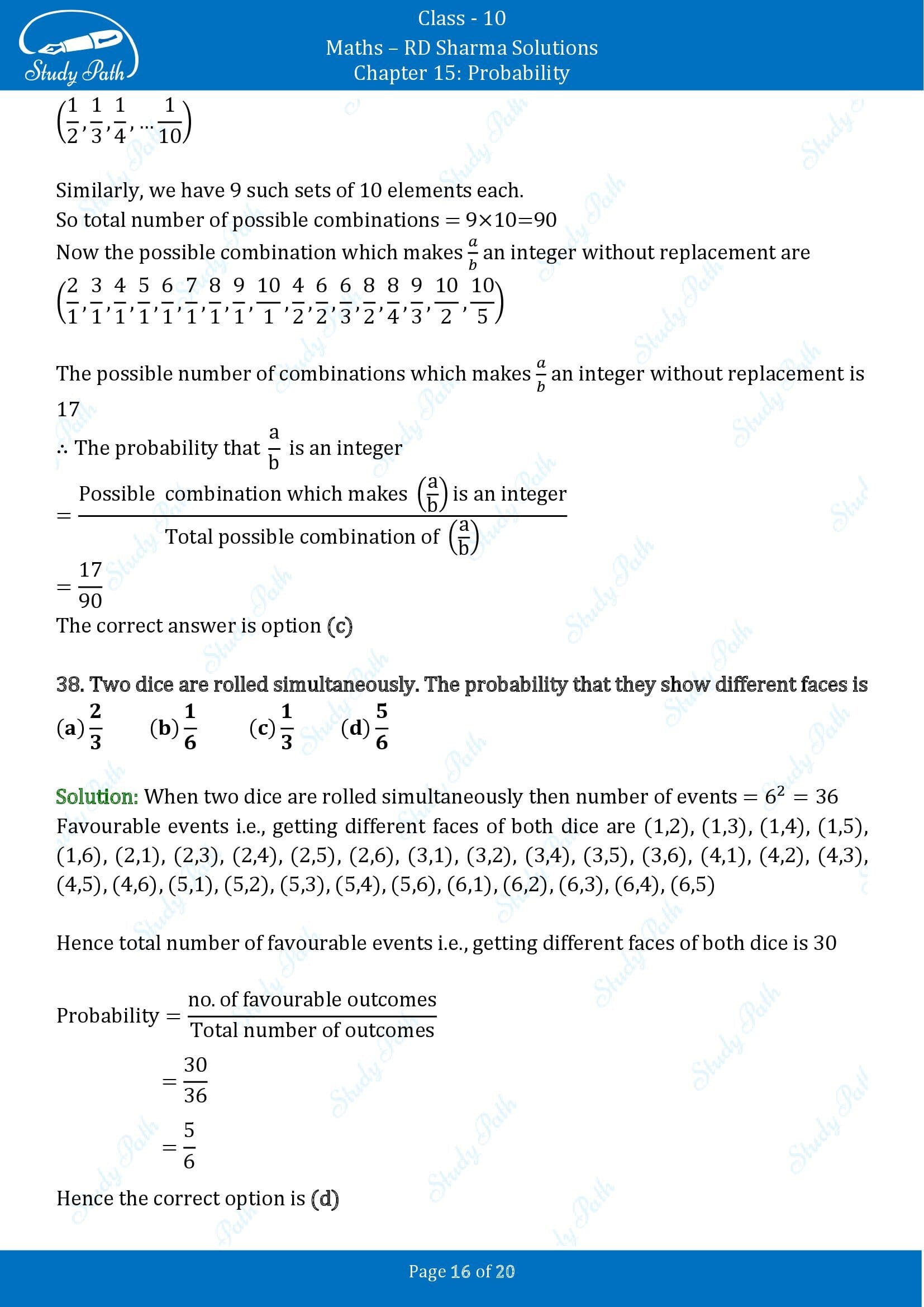 RD Sharma Solutions Class 10 Chapter 15 Probability Multiple Choice Questions MCQs 00016