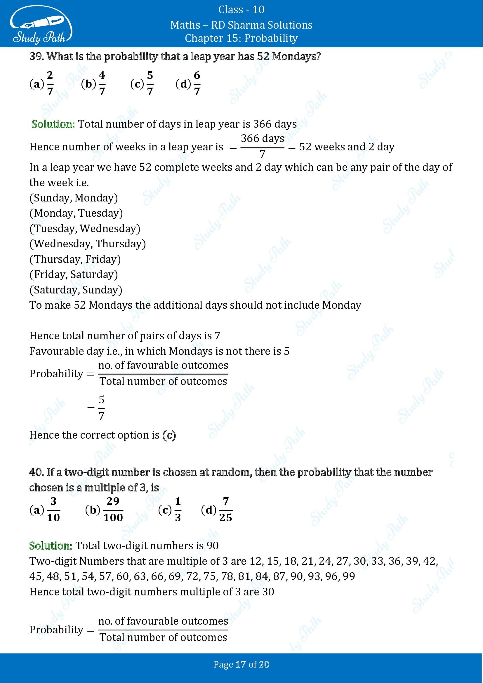 RD Sharma Solutions Class 10 Chapter 15 Probability Multiple Choice Questions MCQs 00017