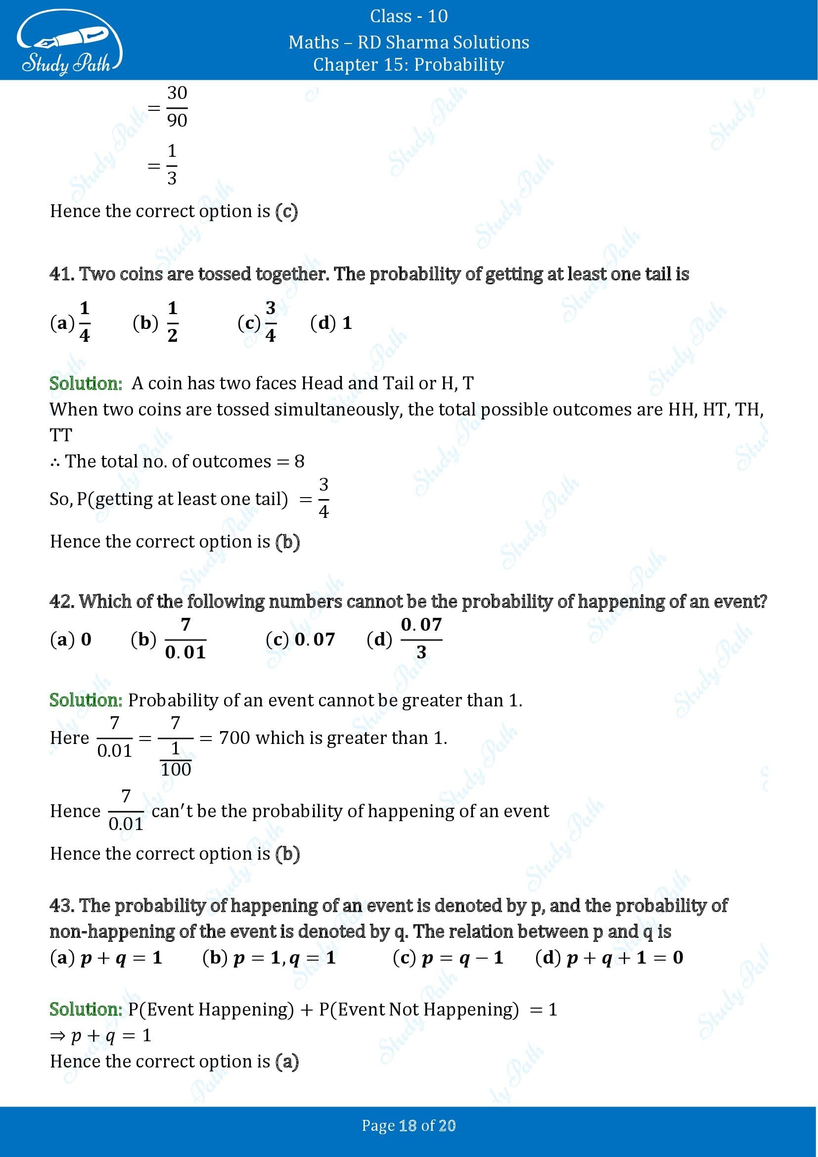 RD Sharma Solutions Class 10 Chapter 15 Probability Multiple Choice Questions MCQs 00018