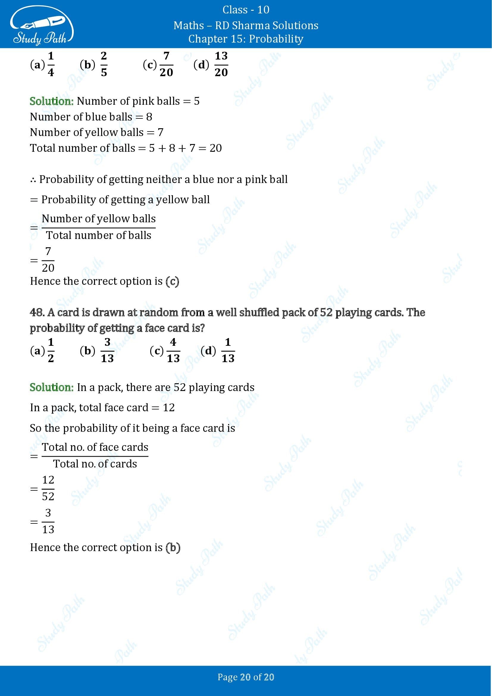 RD Sharma Solutions Class 10 Chapter 15 Probability Multiple Choice Questions MCQs 00020