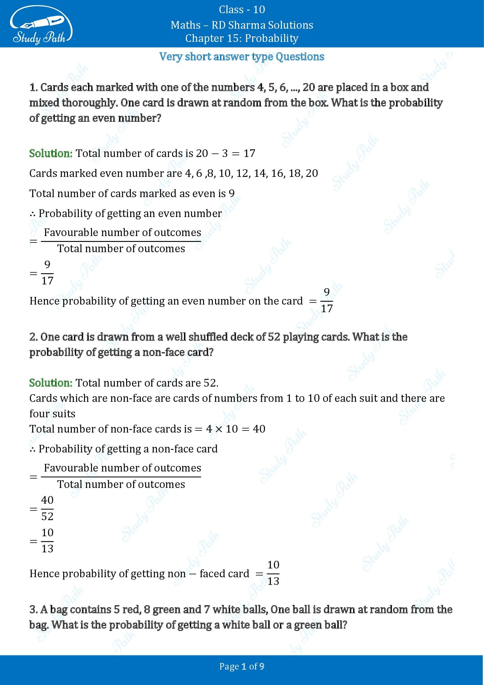 RD Sharma Solutions Class 10 Chapter 15 Probability Very Short Answer Type Questions VSAQs 00001